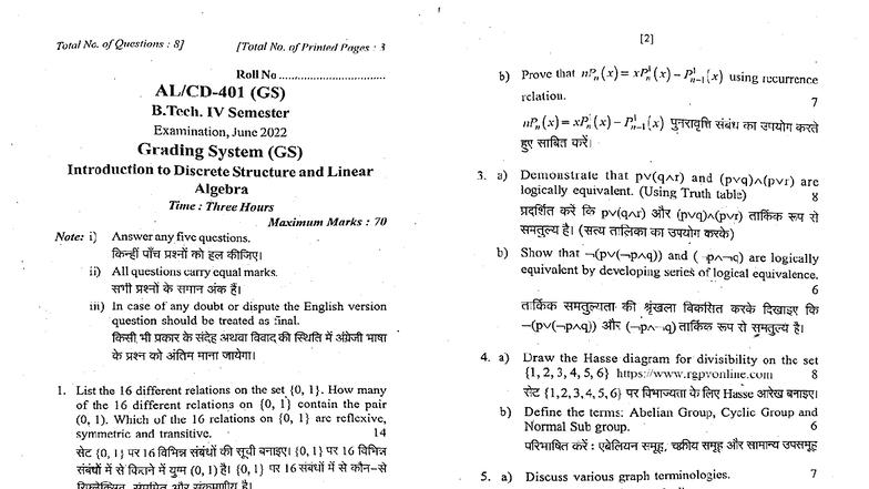 B.Tech IV Sem Exam: Discrete Structures & Linear Algebra - June 2022 ...