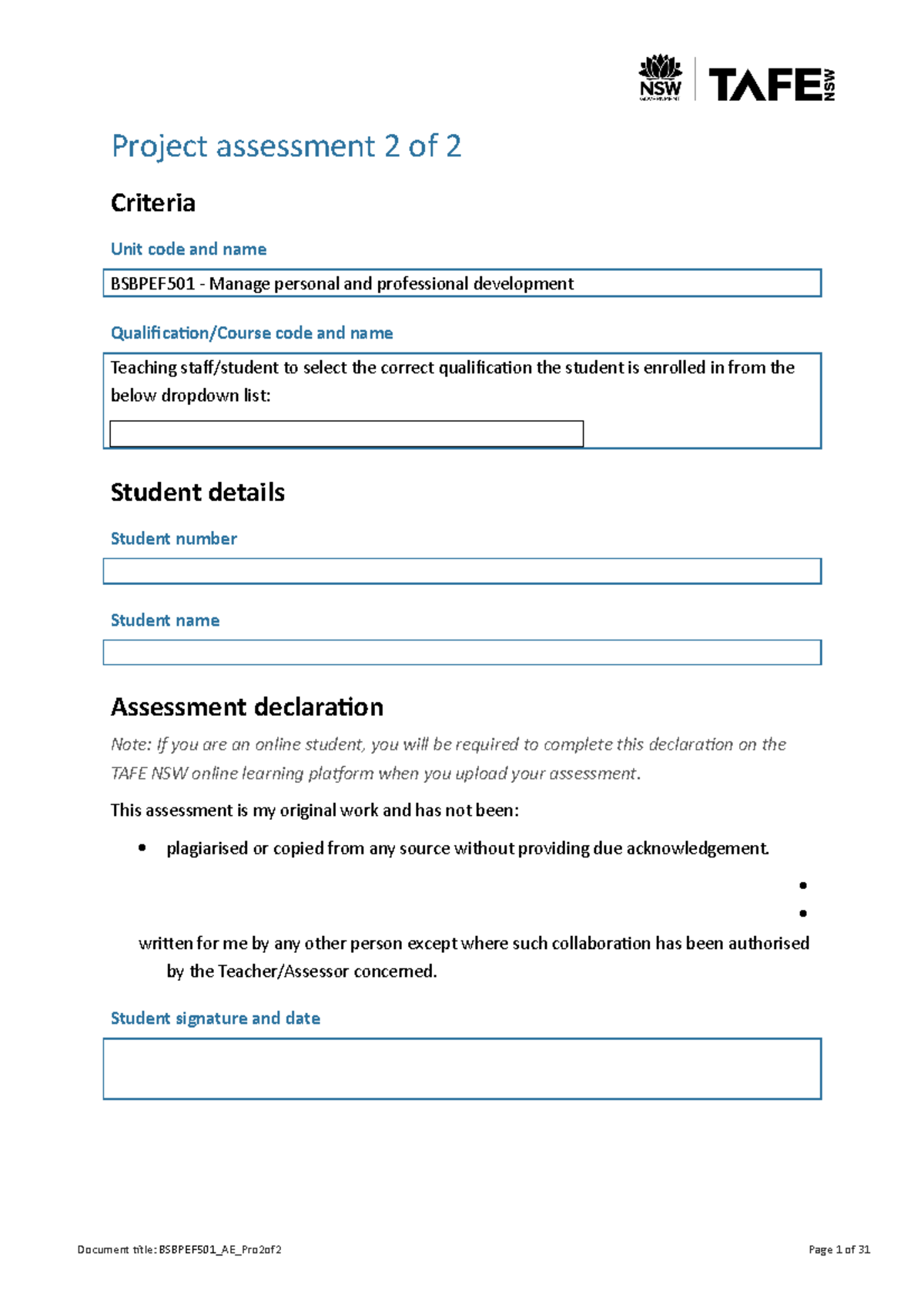 BSBPEF501 - Project Assessment 2 of 2: Personal Development Plans - Studocu