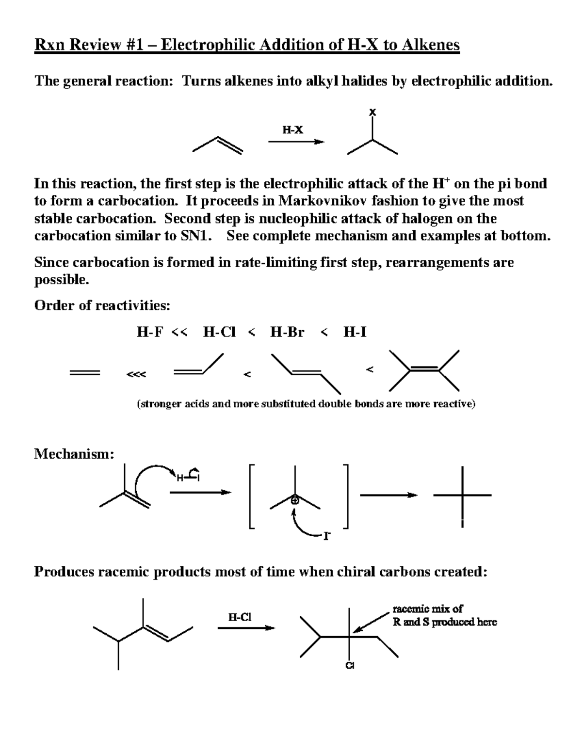 Rxn Review #1: Electrophilic Addition of H-X to Alkenes - Studocu