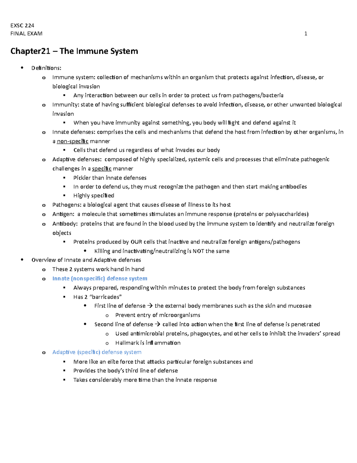 Test 4 Study Guide - EXSC 224 FINAL EXAM 1 Chapter21 The Immune System ...
