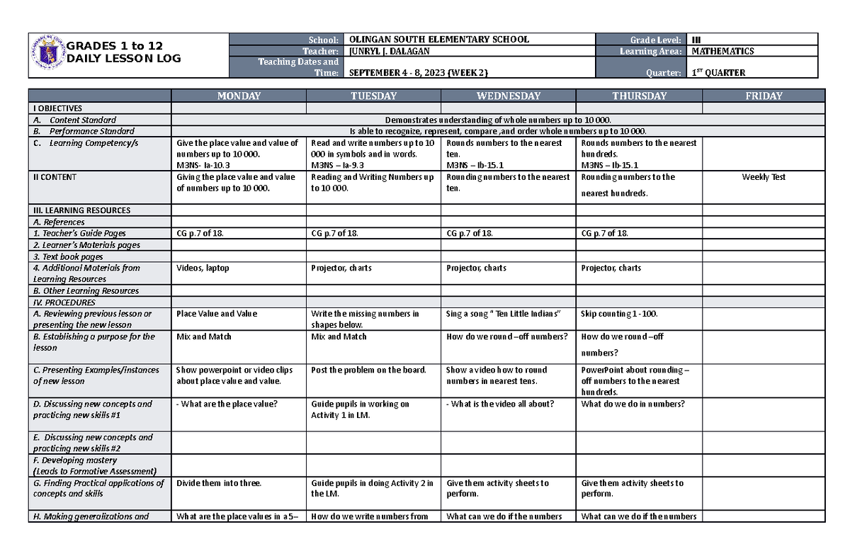 DLL Mathematics 3 Q1 W2 - Daily Lesson Plan and Activities - Studocu