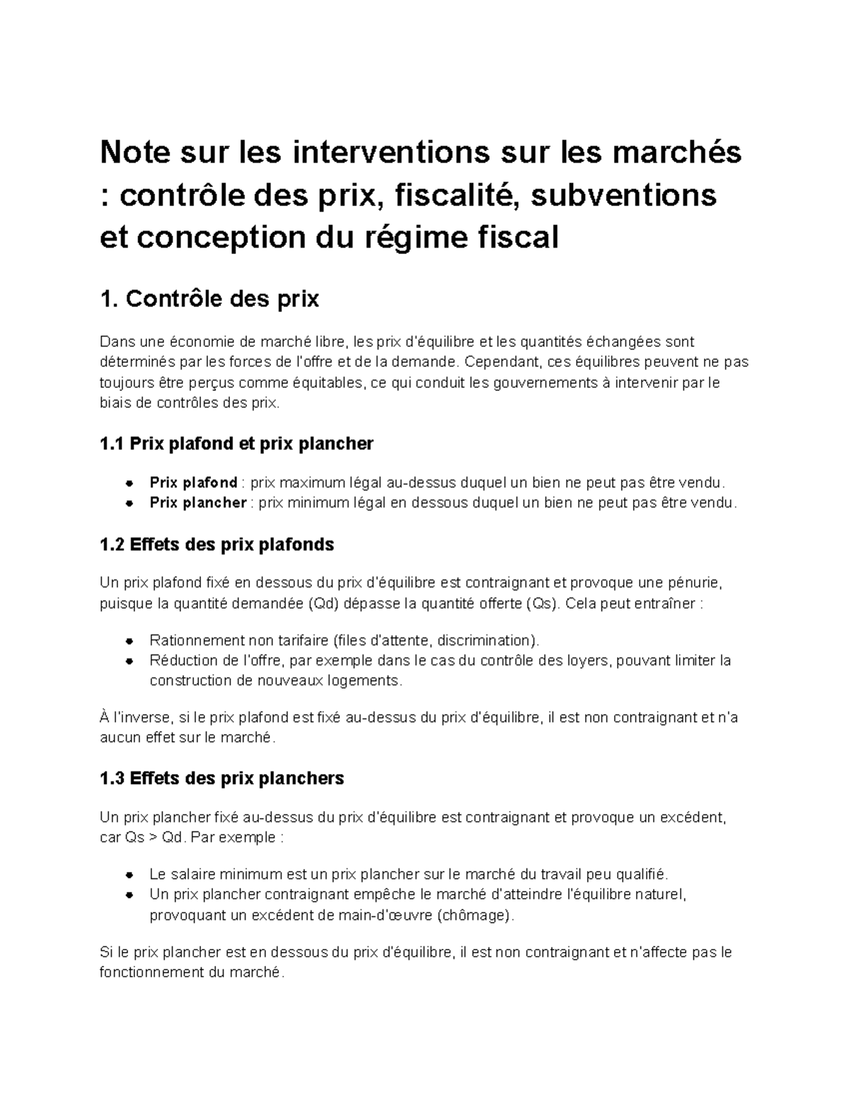 Note sur les interventions sur les marchés : contrôle des prix et ...