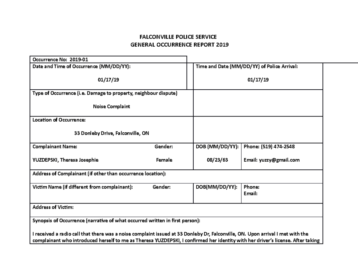 Falconville Police Service Occurrence Report 2019 - Noise Complaint ...