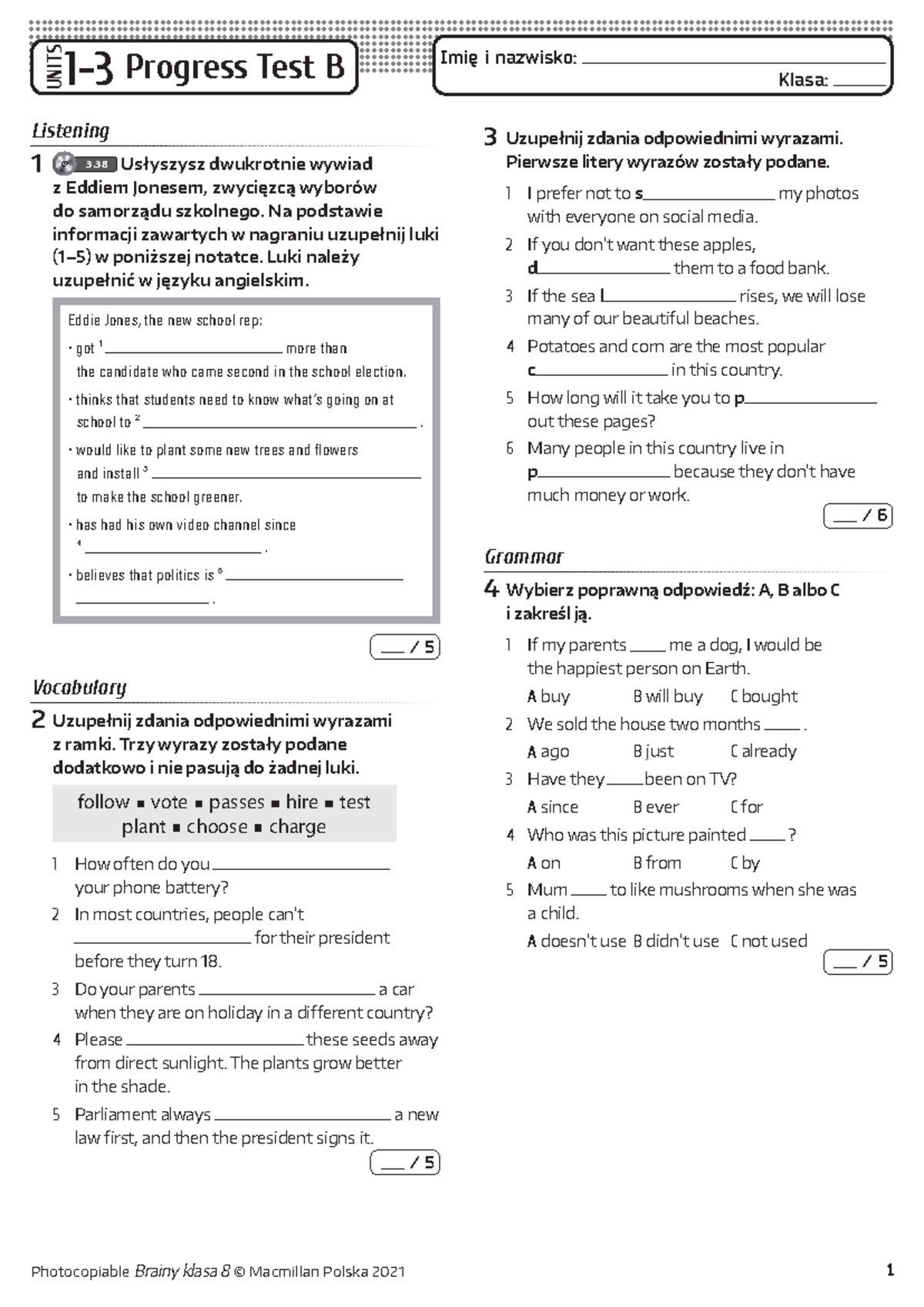 Briany kl8 Progress Test 1-3 B - UNITS 1- Progress Test B 1 Klasa ...