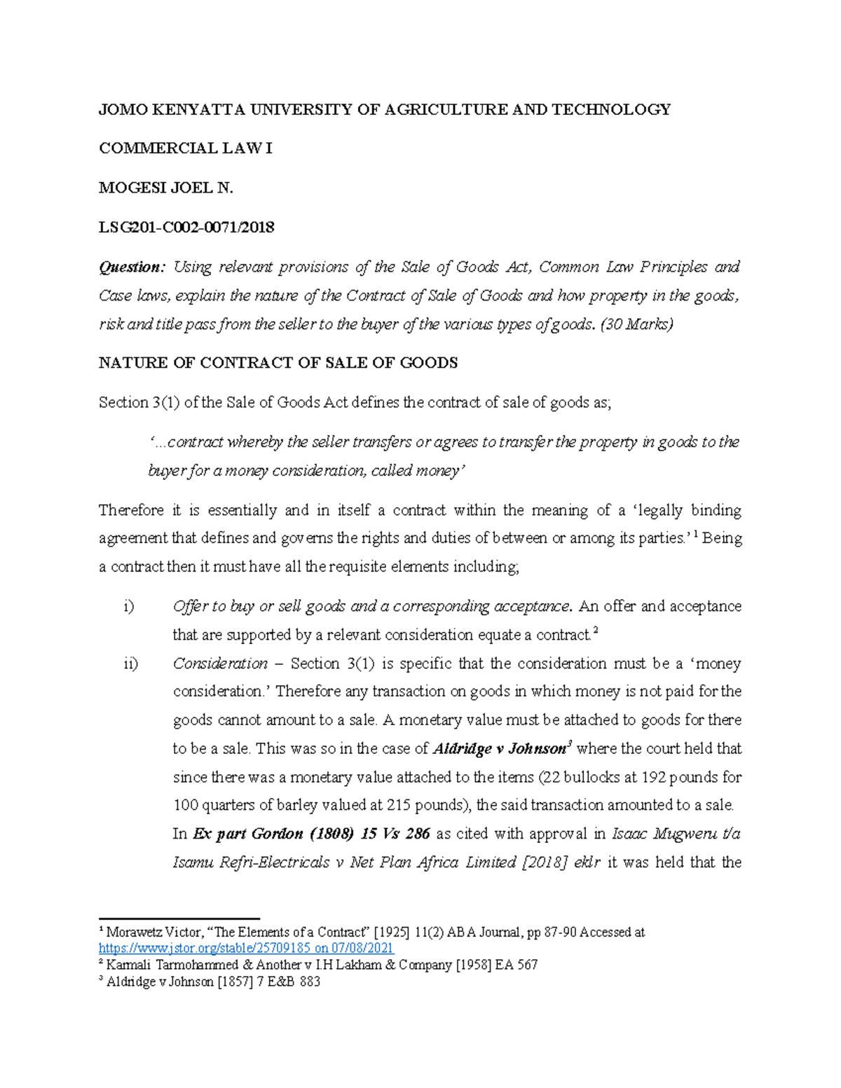 Commercial Law I: Nature of Sale of Goods Contract and Title Transfer ...