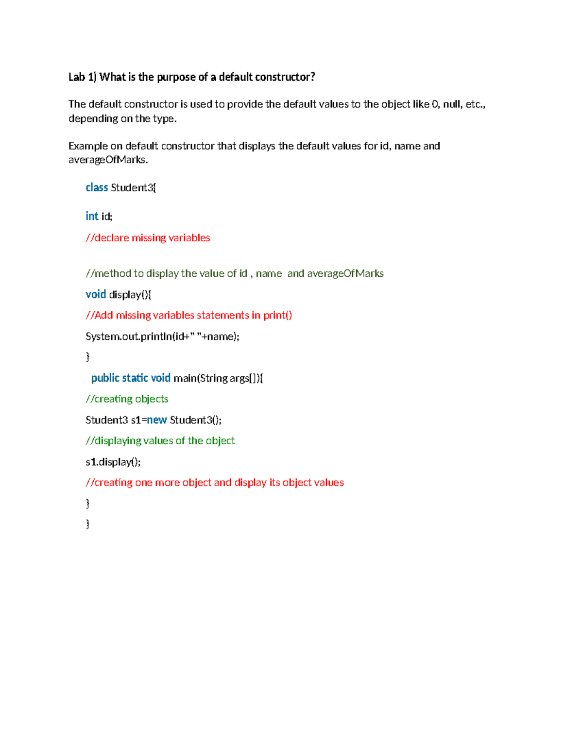 Unit 2 - Lab: Understanding Constructors in Java Programming - Studocu