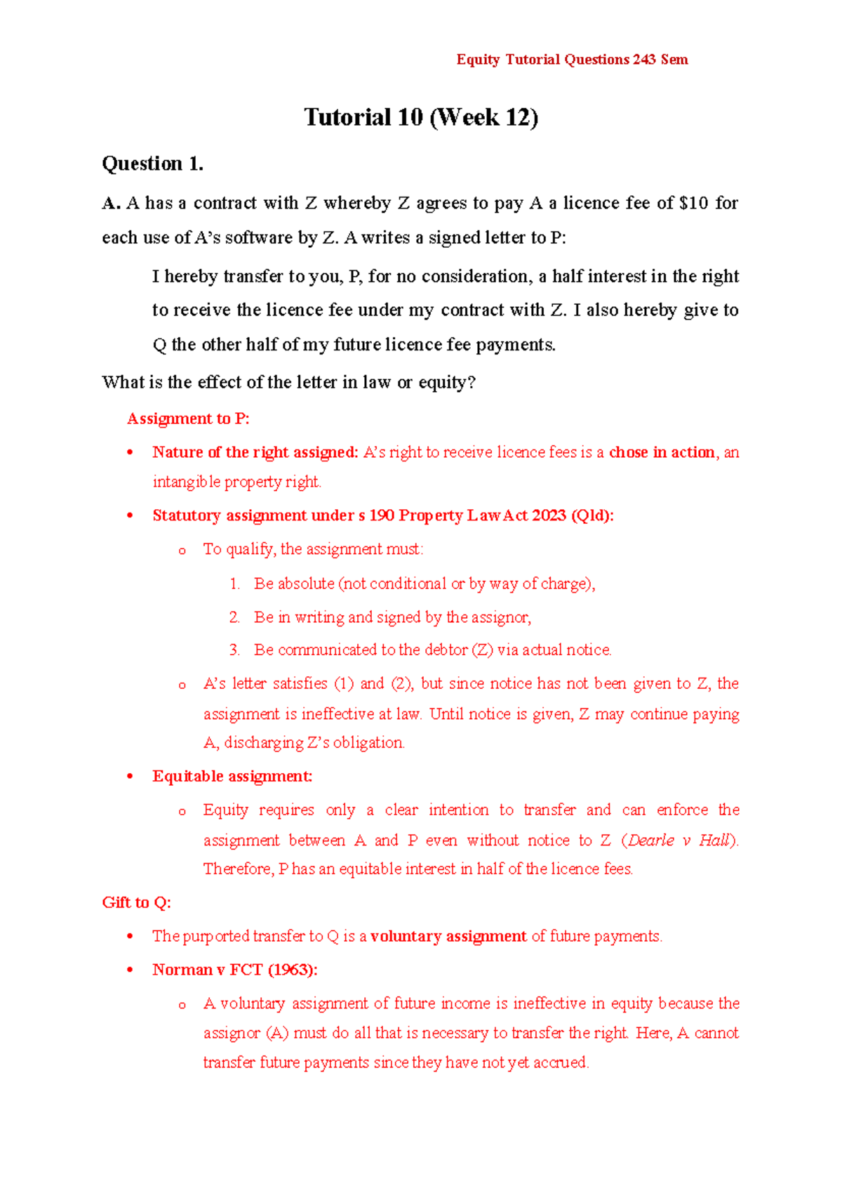 Equity Tutorial Questions 243 Sem Tutorial 10 - Week 12 Analysis - Studocu