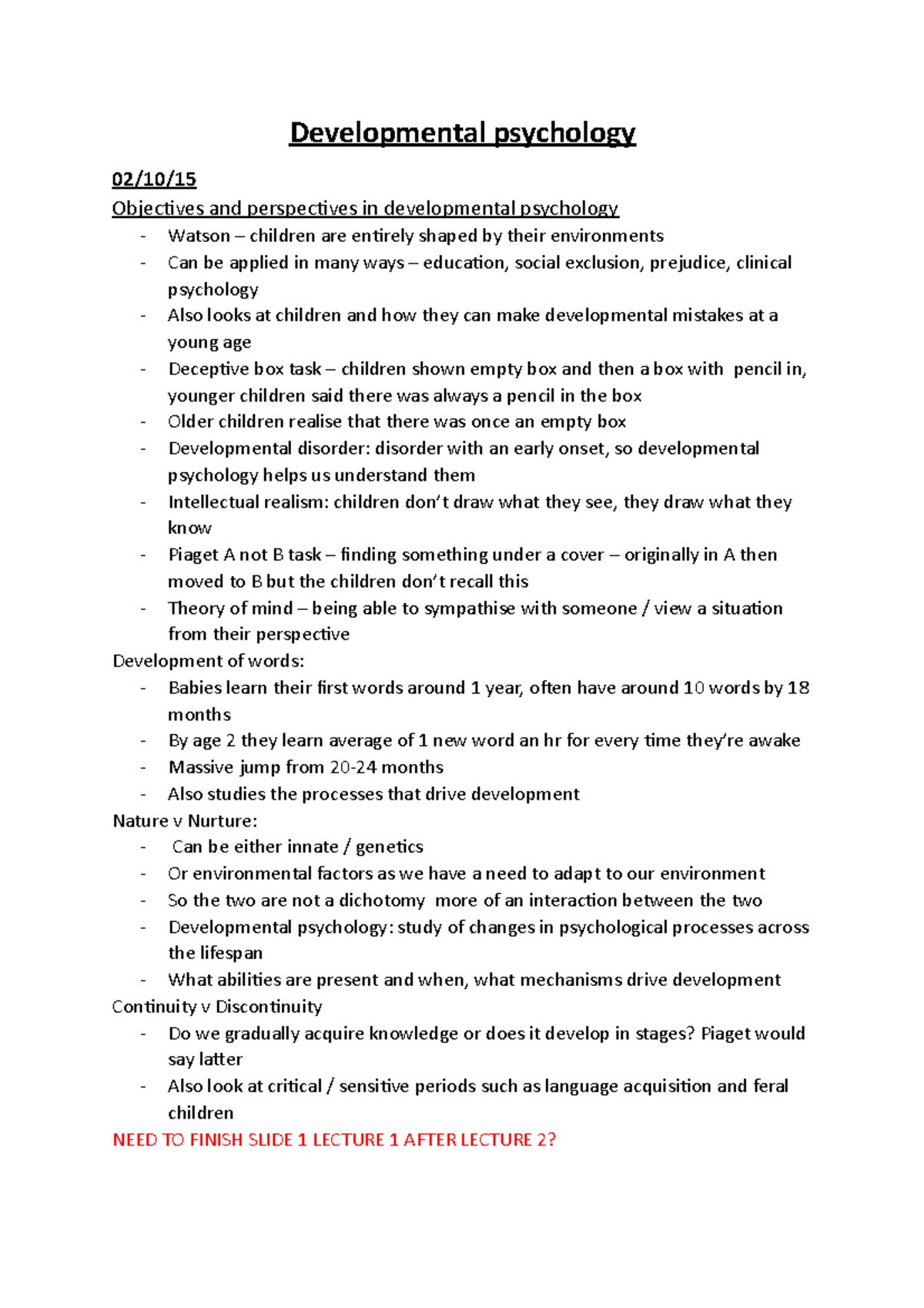 Developmental Psychology Lecture Notes (PSY101 Term 1) - Studocu