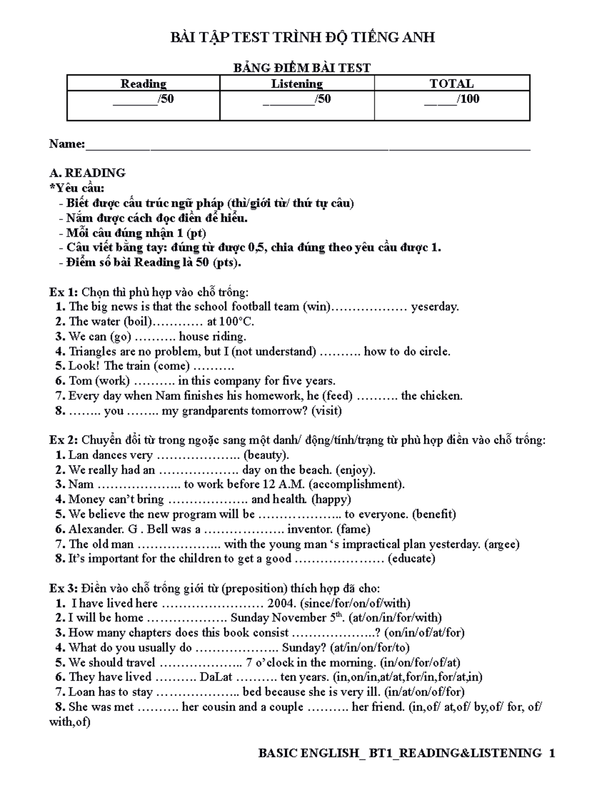 BT1 Basic English - Test Questions and Answers for Listening & Reading ...