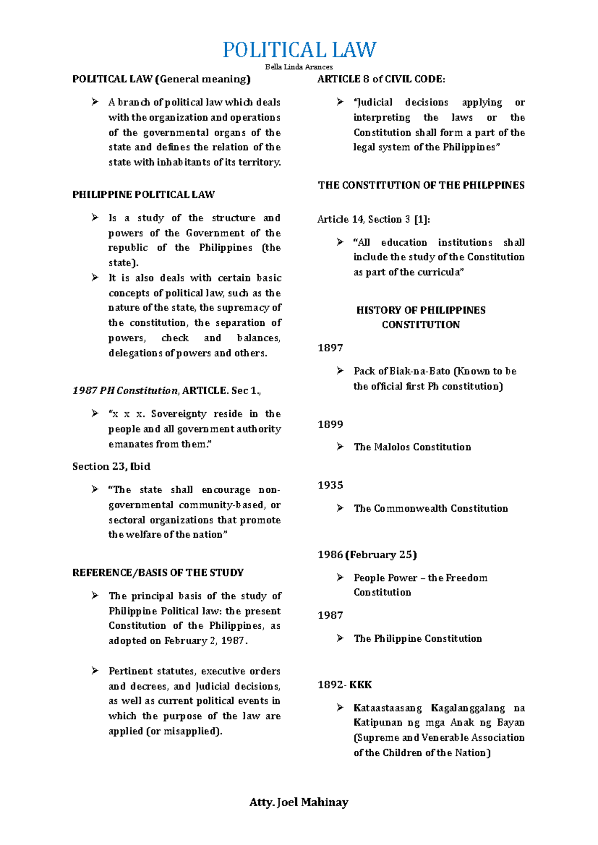POLITICAL LAW 1: Overview of Philippine Political Law and History - Studocu