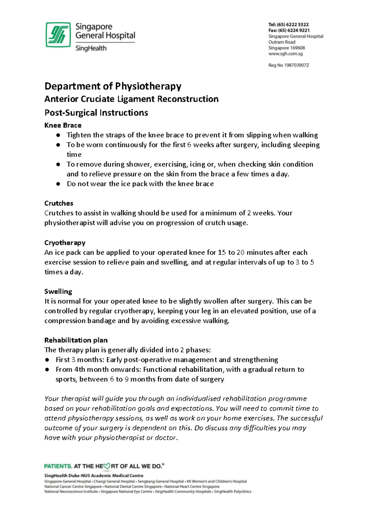ACL Reconstruction Post-Surgery Instructions for Physiotherapy - Studocu