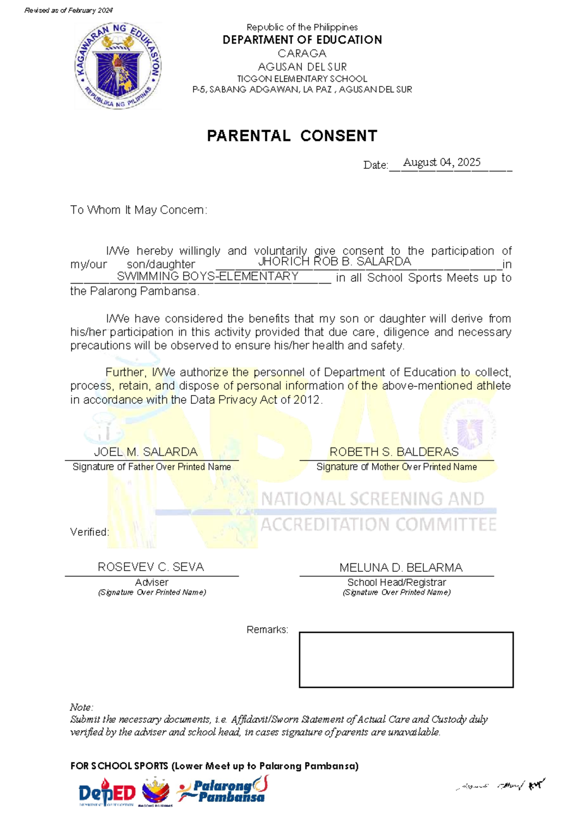 2025 Parents' Consent for School Sports Participation - Studocu