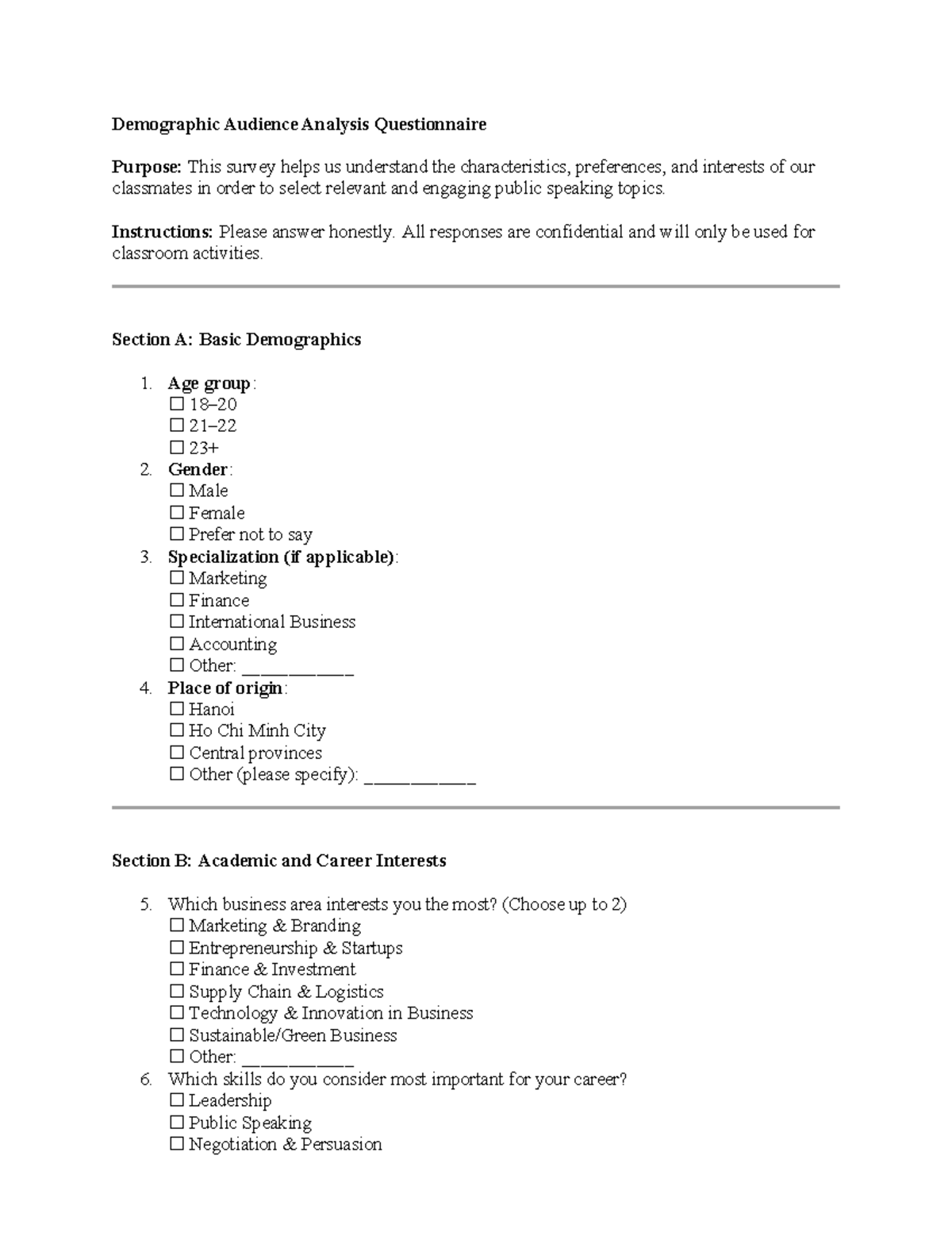 Demographic Audience Analysis Questionnaire for Public Speaking - Studocu
