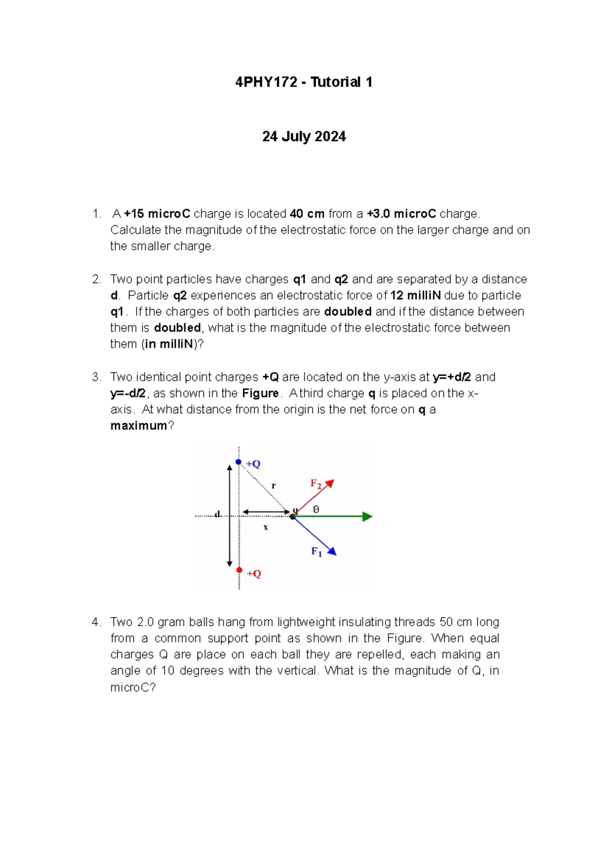 4PHY172 Tutorial 2 - Electric Fields and Capacitors Practice - Studocu