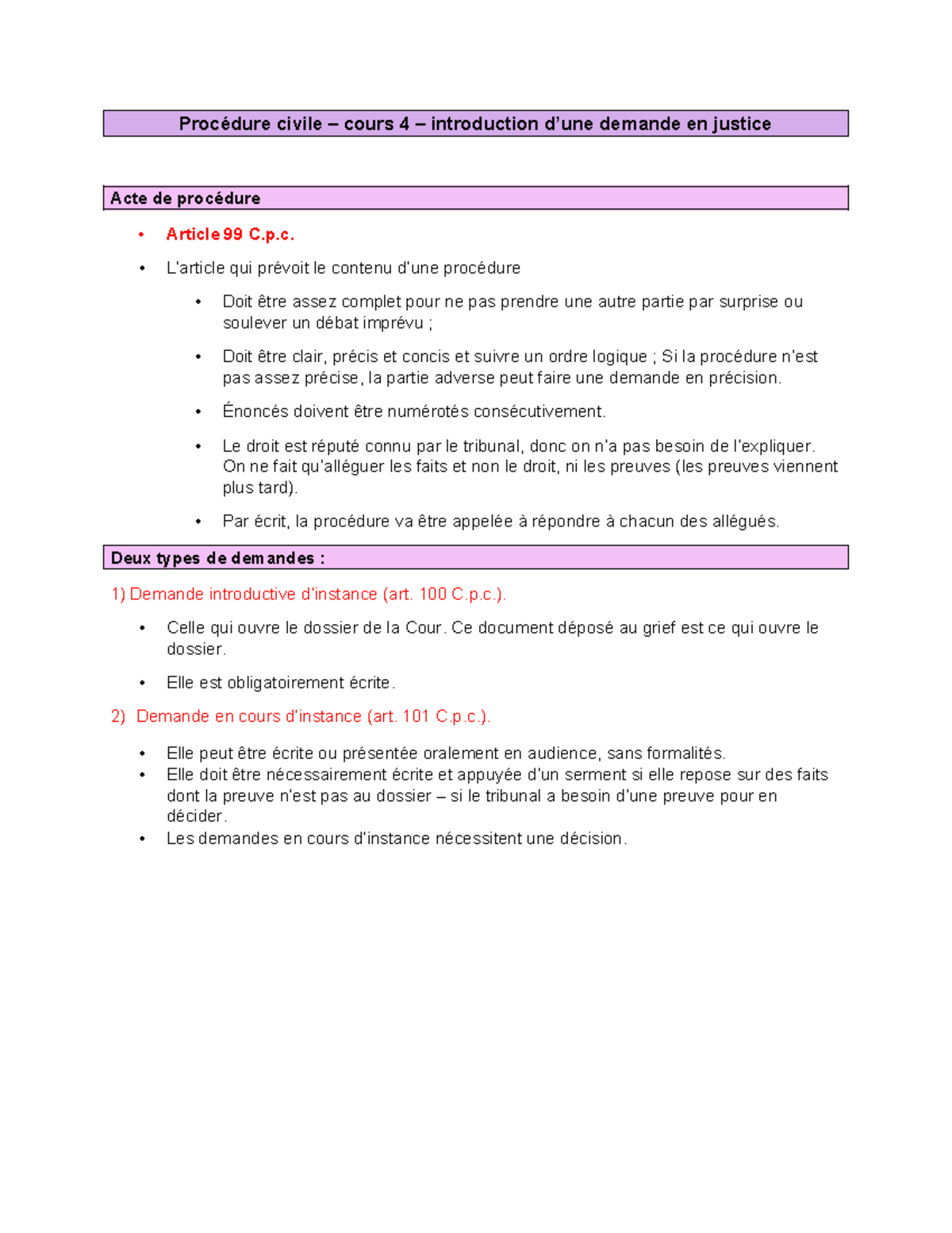 Cours 4: Introduction à la Demande en Justice et Procédure Civile - Studocu