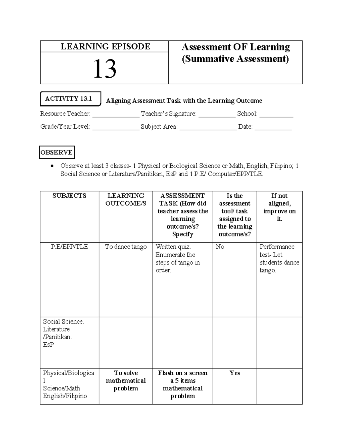 Toaz - Educational purposes - ACTIVITY 13. LEARNING EPISODE Assessment ...