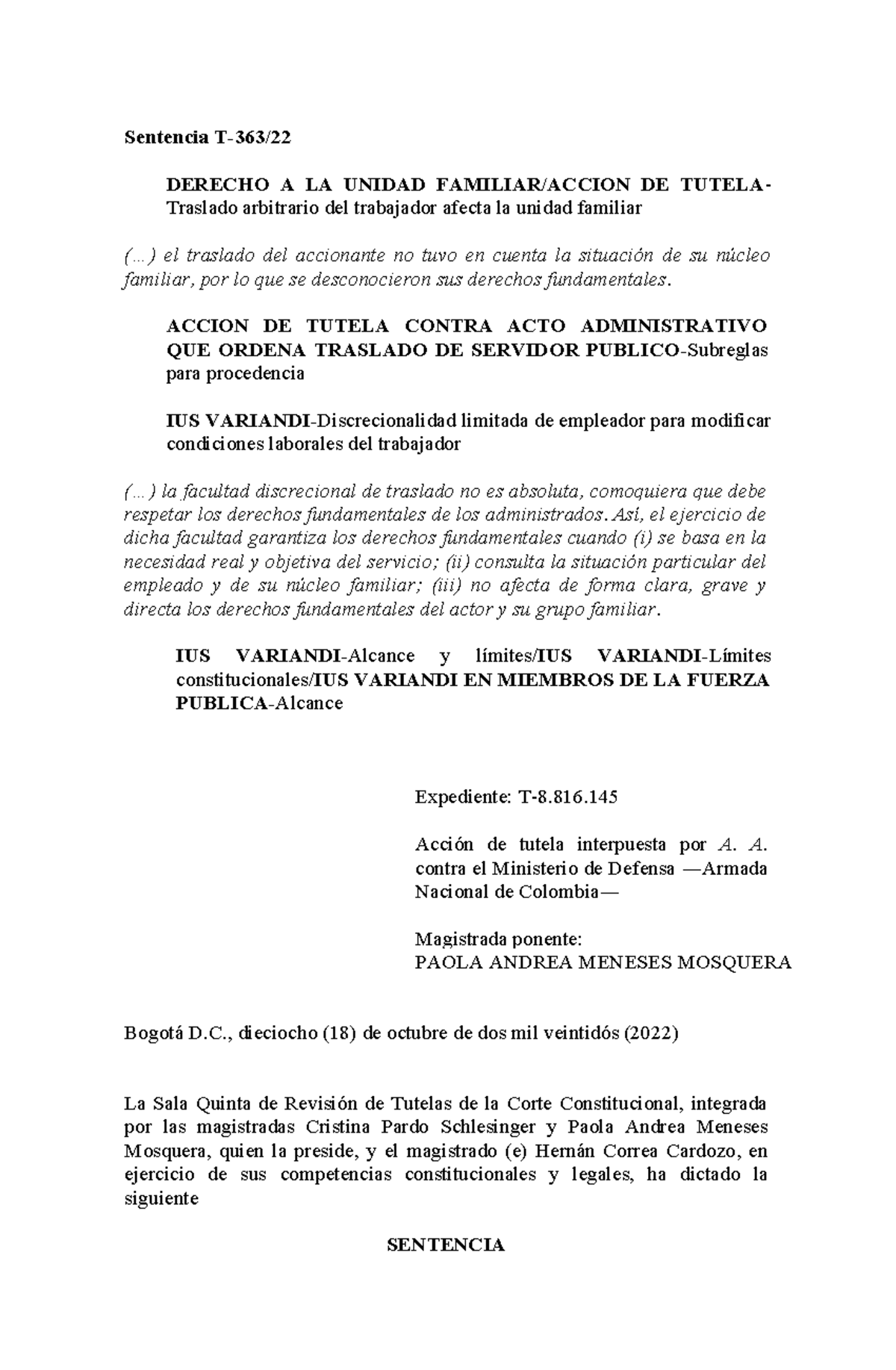 T-363-22 Sentencia sobre Derecho a la Unidad Familiar en Acción de ...