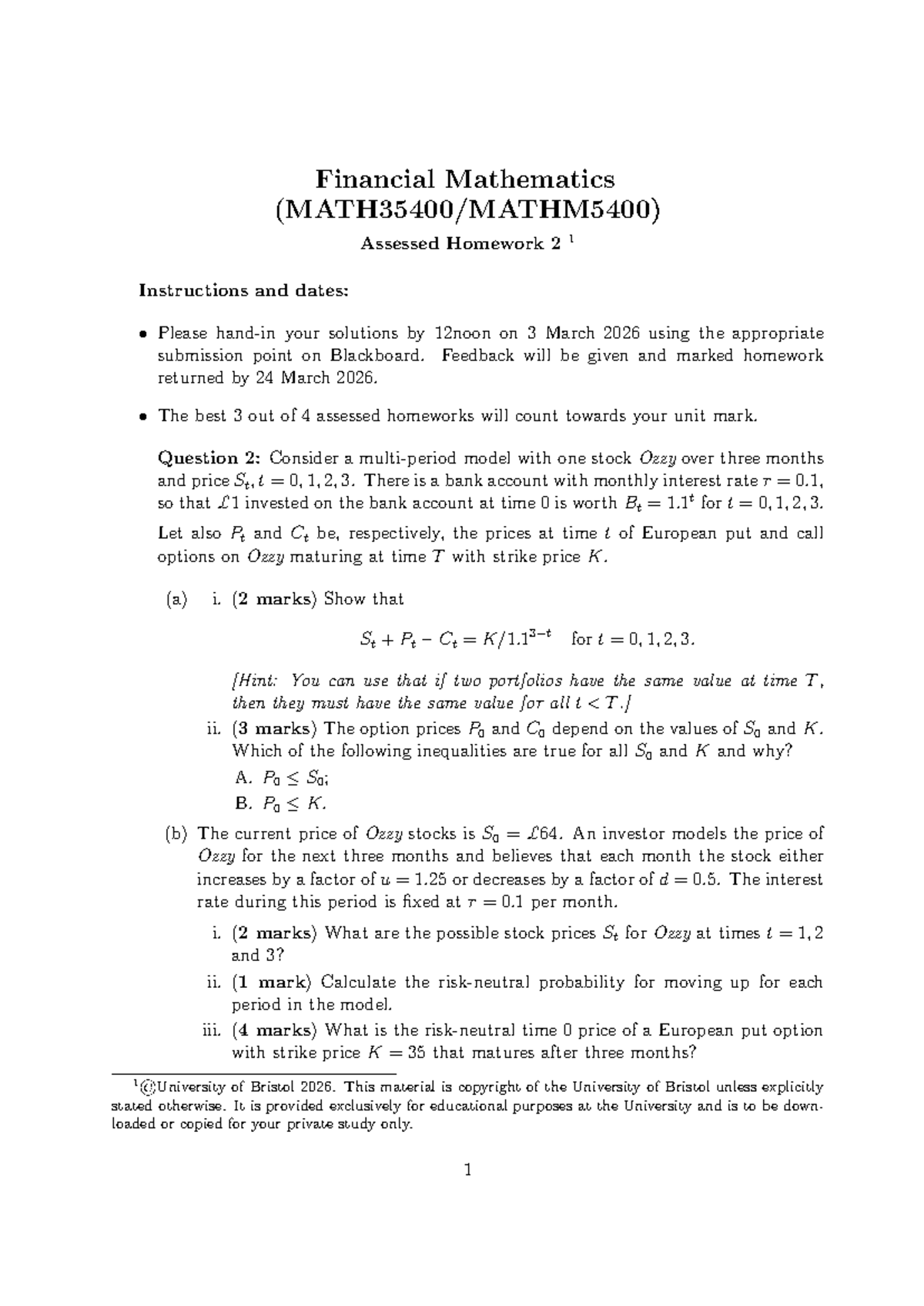 Financial Mathematics Assessed Homework 2 Solutions - Studocu