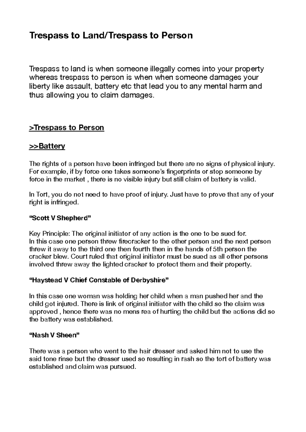 UOL L5 Tort Law Notes: Trespass to Person and Land - Studocu