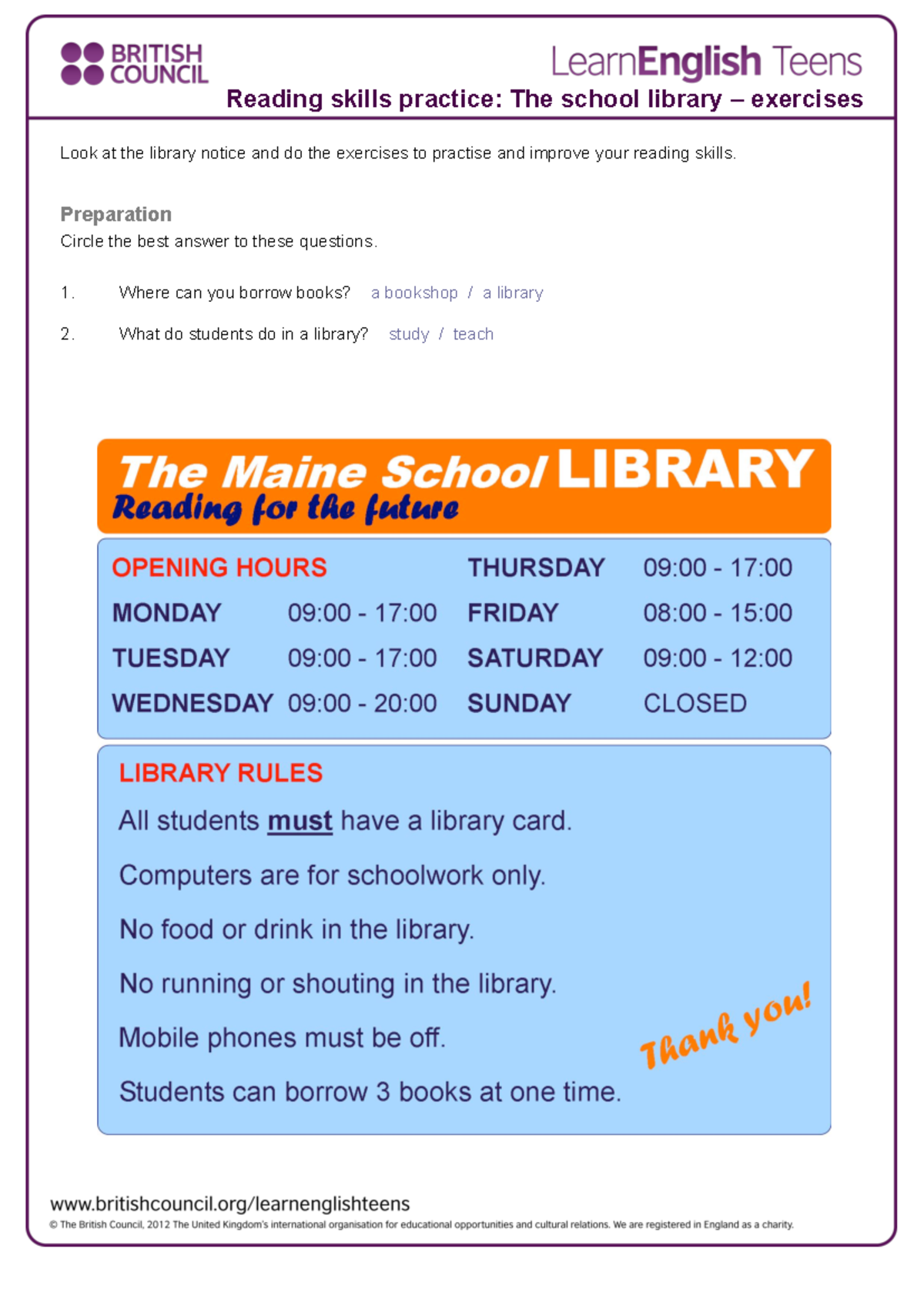 The School Library - Reading Skills Exercises 4 - Studocu