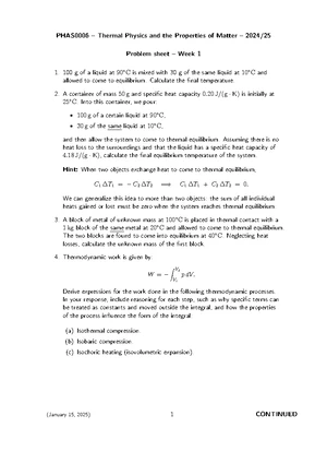 PHAS0006 2025 Problem Sheet Week 2: Thermal Physics & Matter - Studocu