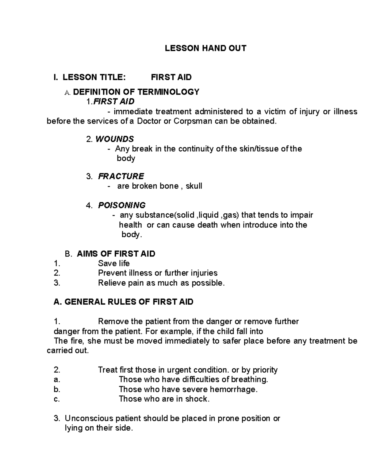 First Aid Lesson Notes: Key Concepts and Emergency Procedures - Studocu