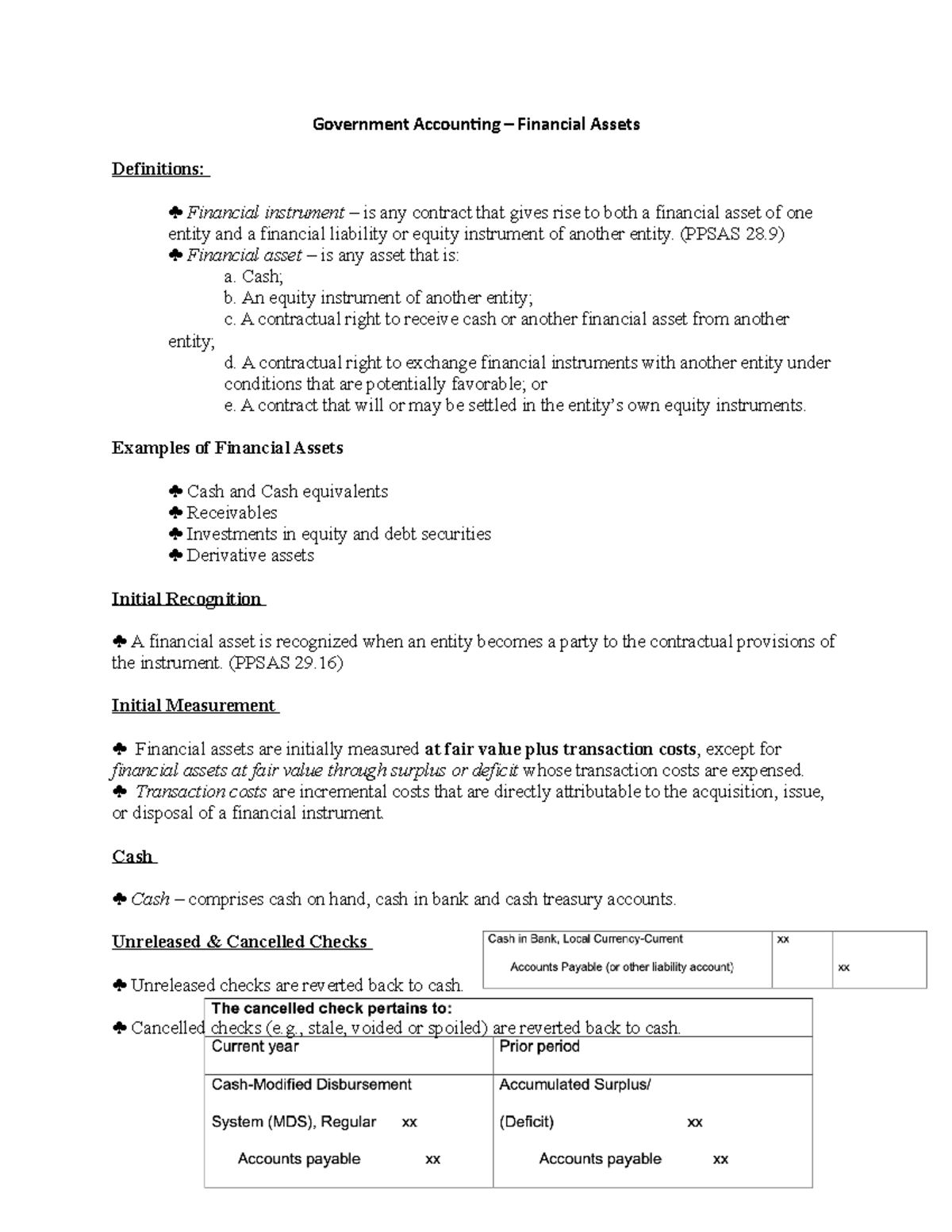 Government Accounting - Financial Assets Overview (PPSAS) - Studocu