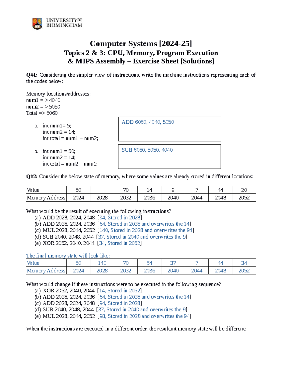 03 CPU Memory Program Execution Assembly – Exercise Sheet [Solutions ...