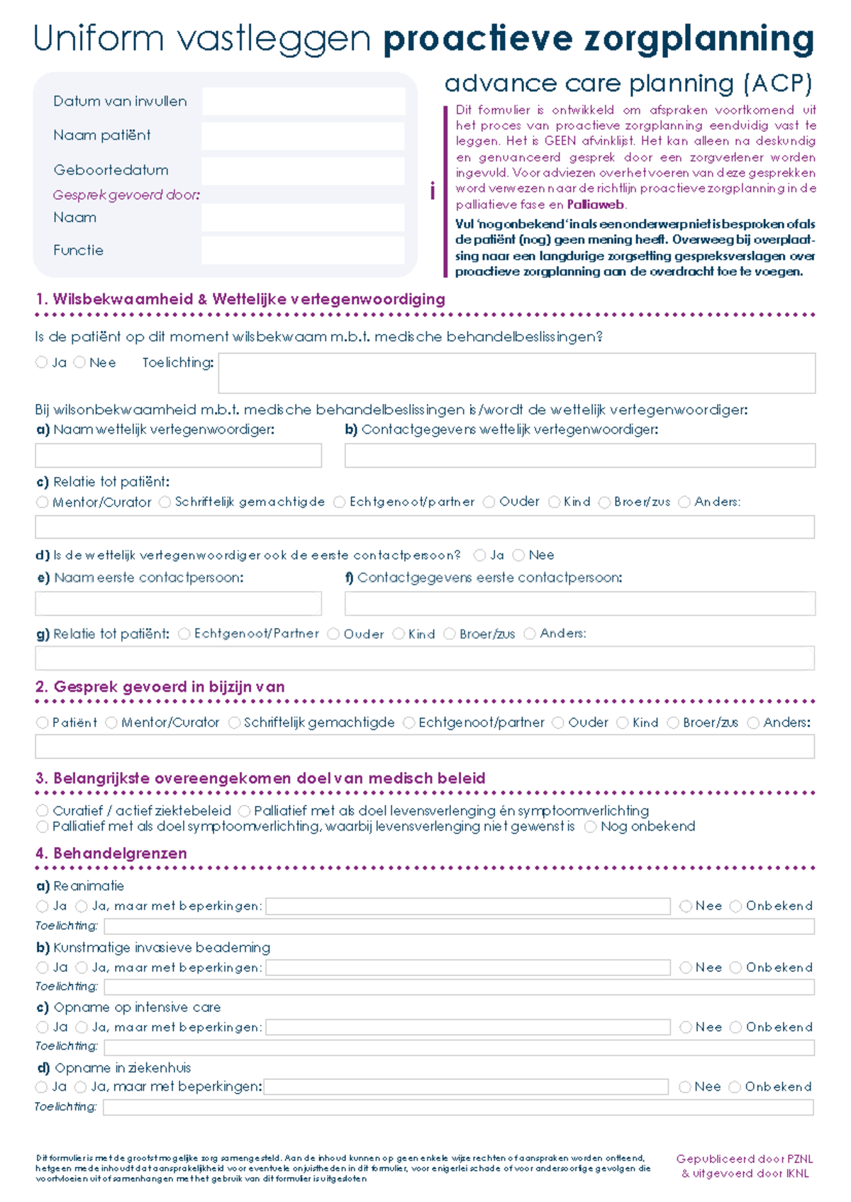ACP Formulier voor Proactieve Zorgplanning en Wilsbekwaamheid - Studeersnel