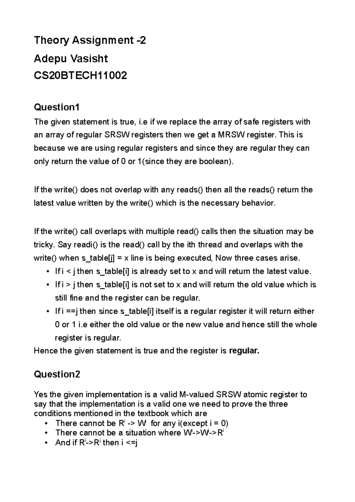 Theory Assignment 2 - CS20 Btech 11002: MRSW and SRSW Register Proofs ...