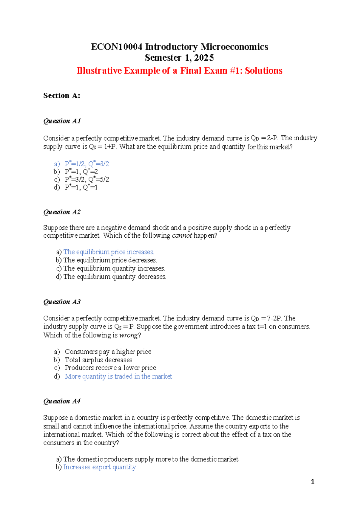 Intro Microeconomics 2025 Final Exam Solutions and Analysis - Studocu