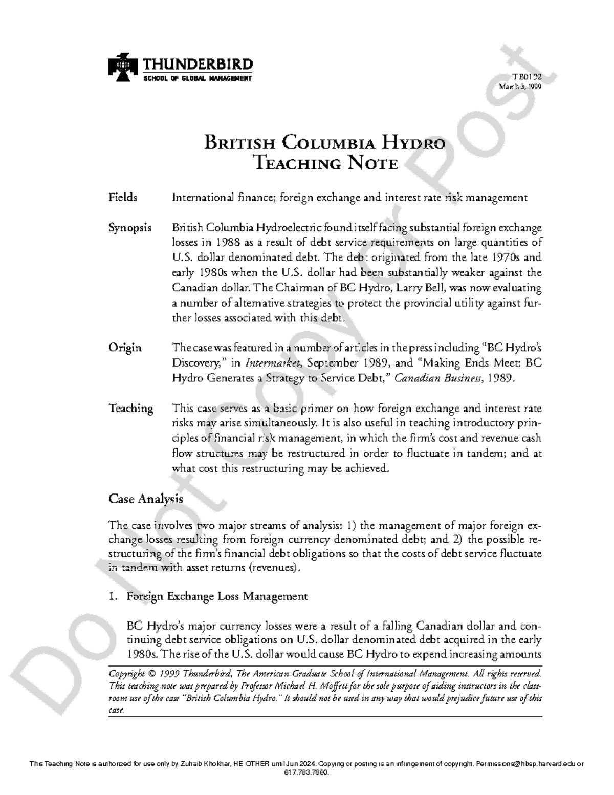 British Columbia Hydro TB0192 - Teaching Note on FX & Interest Rate ...