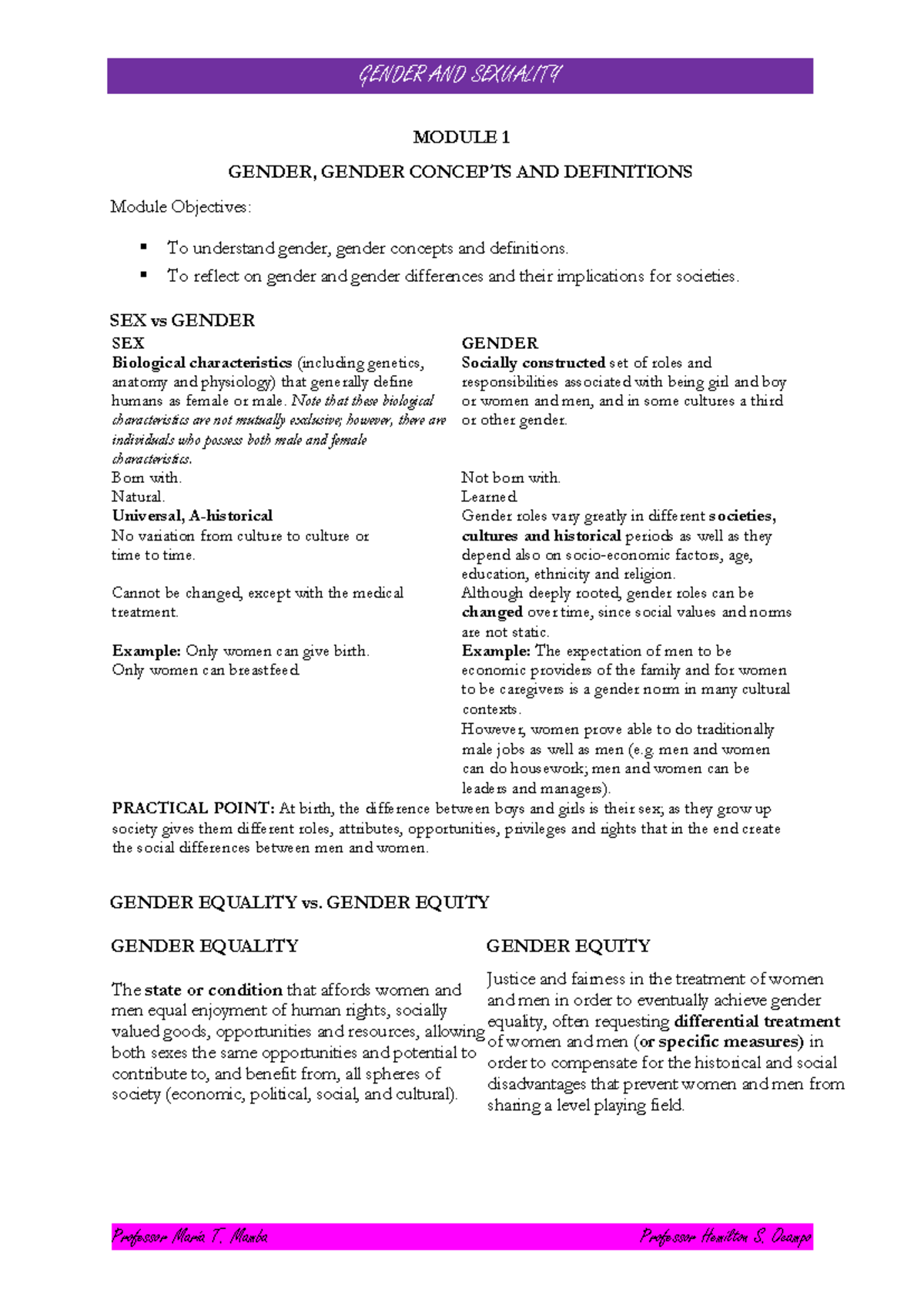 Gensex-M1 - Notes on gender and sexuality - MODULE 1 GENDER, GENDER ...