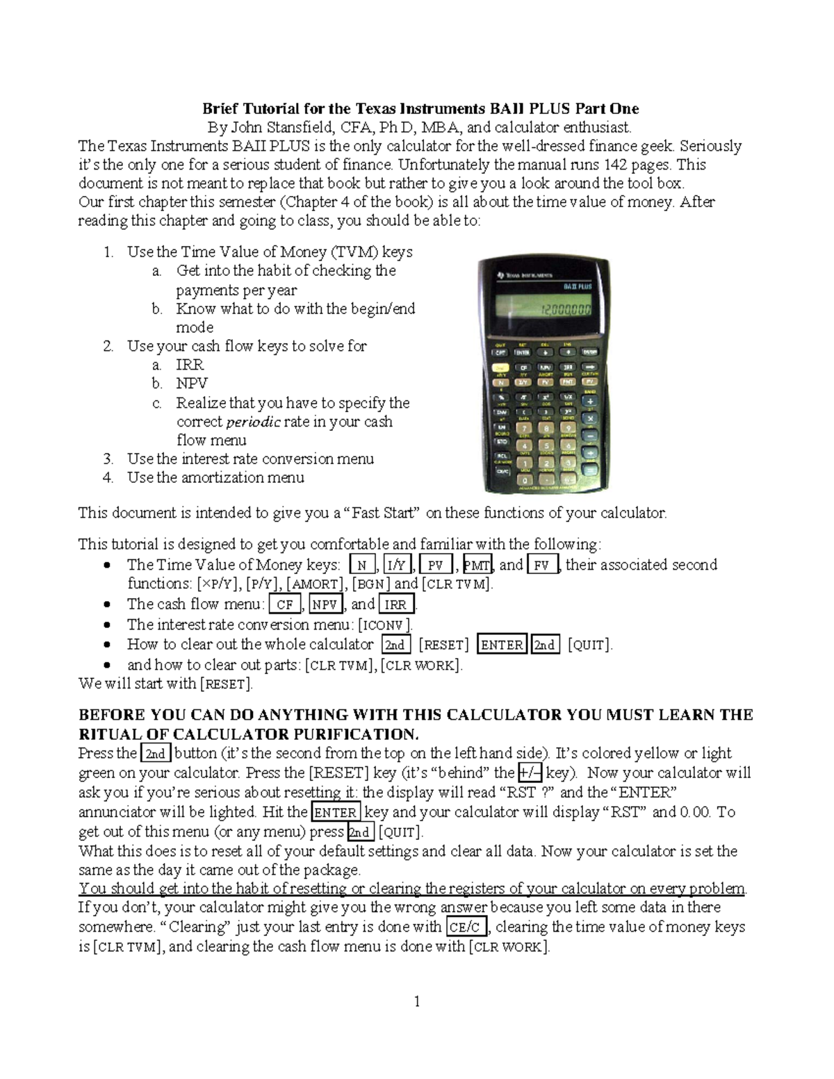 Calculator Tutorial - Brief Tutorial for the Texas Instruments BAII ...
