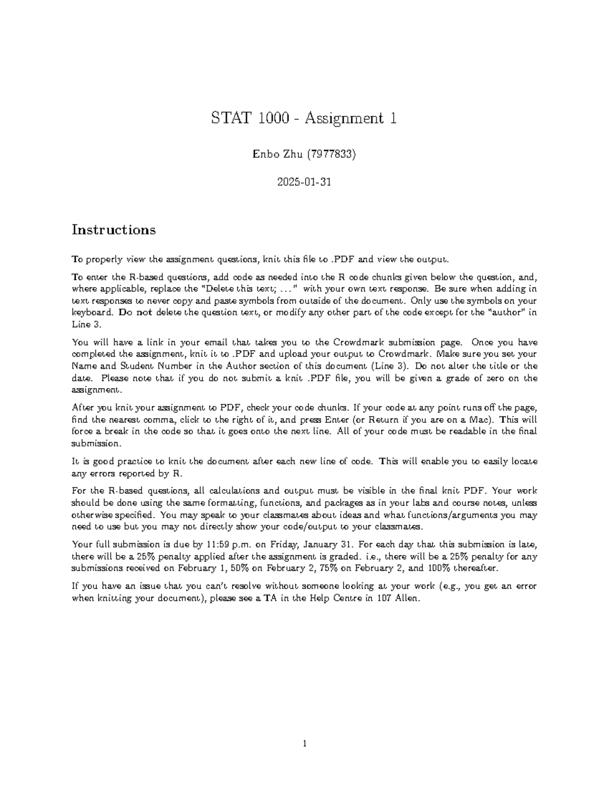 STAT 1000 Winter A1 Student Version 1 - STAT 1000 - Assignment 1 Enbo ...