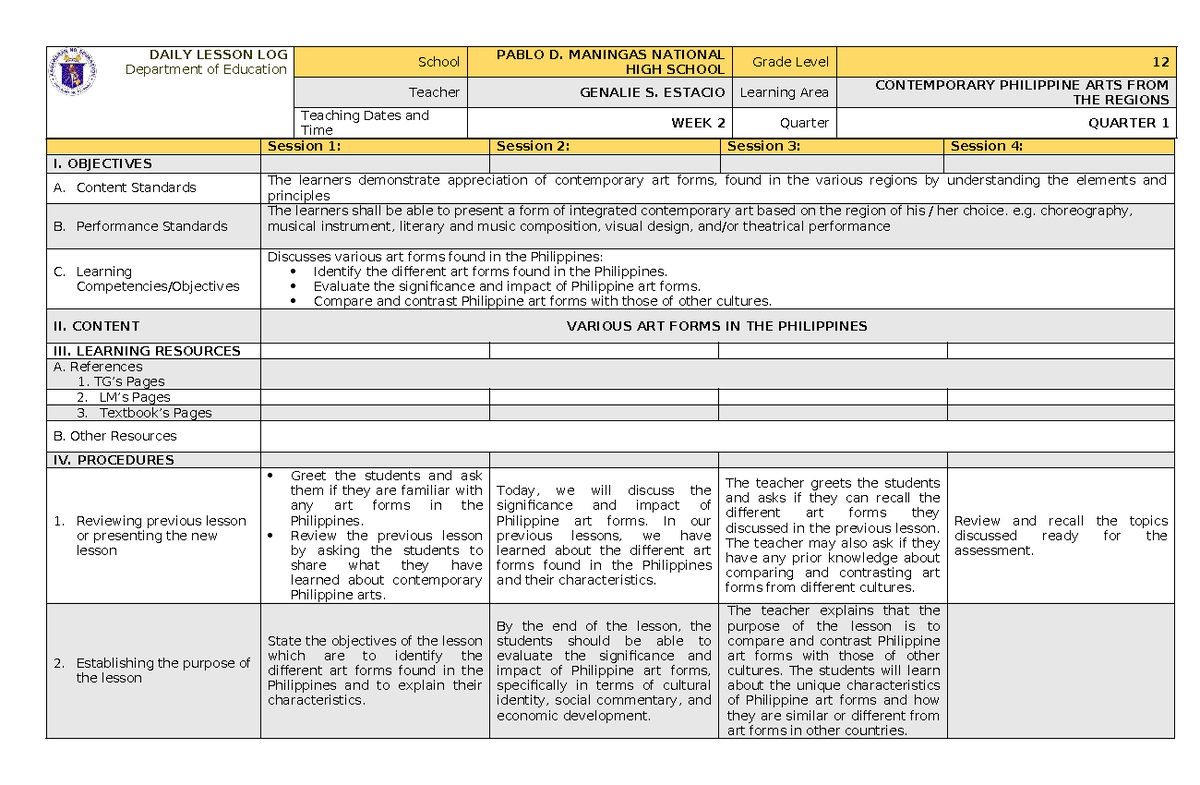 CPAR 12 Q1 WEEK 2 - Lesson Plan on Philippine Art Forms - Studocu