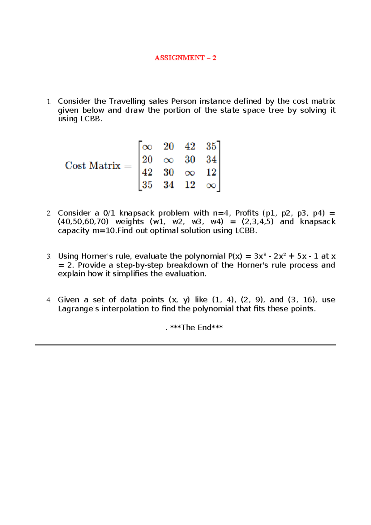 Assignment 2: LCBB Solutions for TSP & Knapsack Problems - Studocu