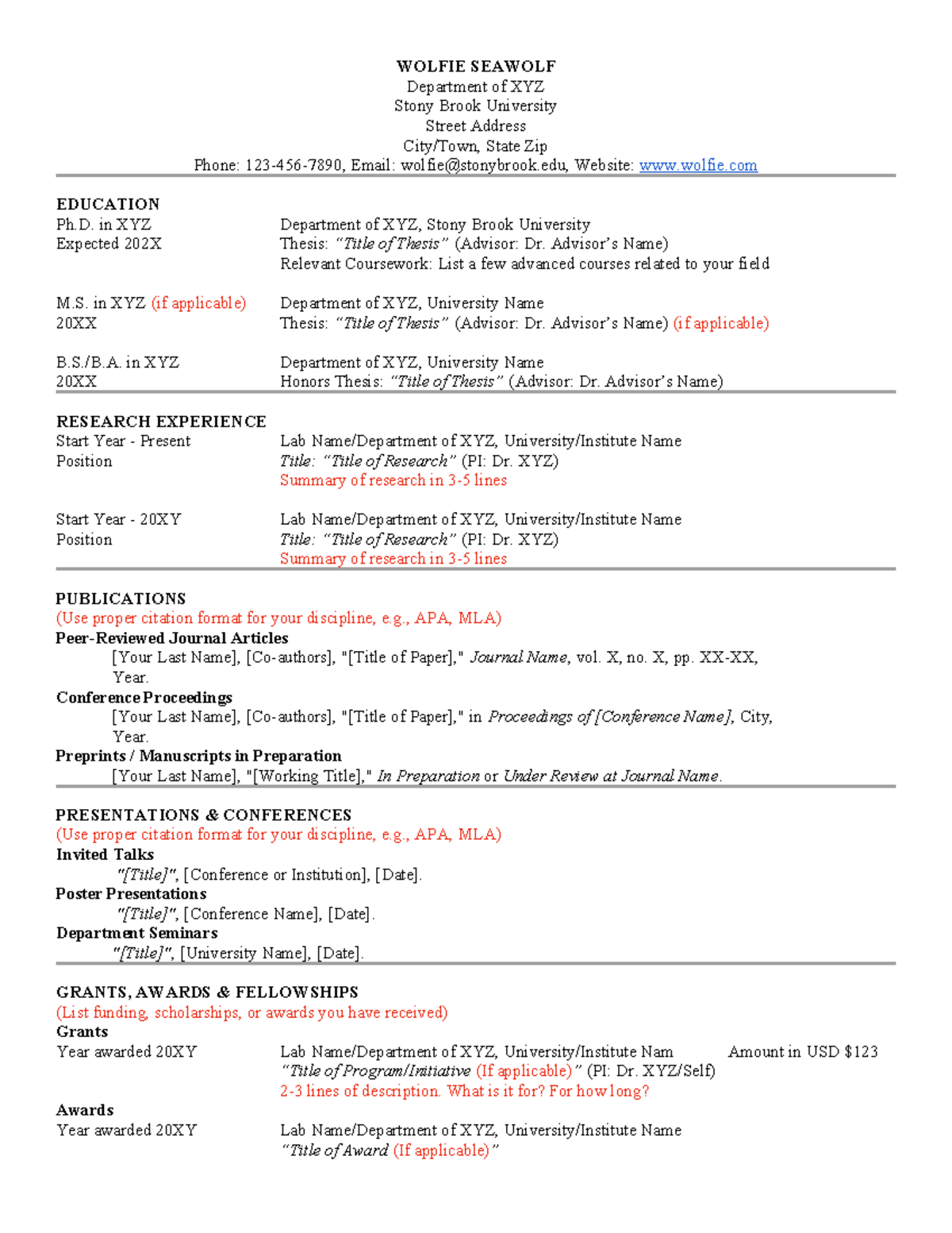Graduate Student CV Template - XYZ Department at Stony Brook University ...