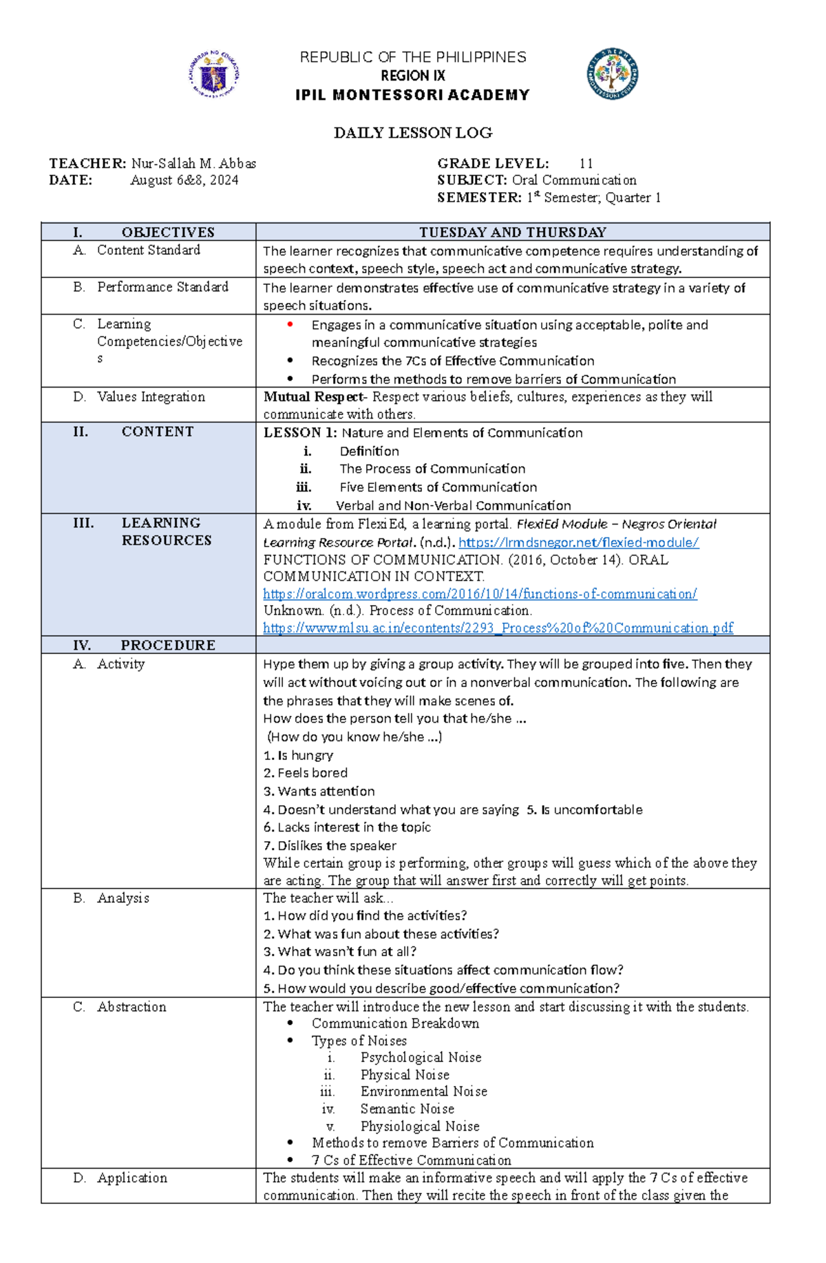 Oral Comm Daily Lesson Log for Week 1 (Grade 11 - DLL) - Studocu