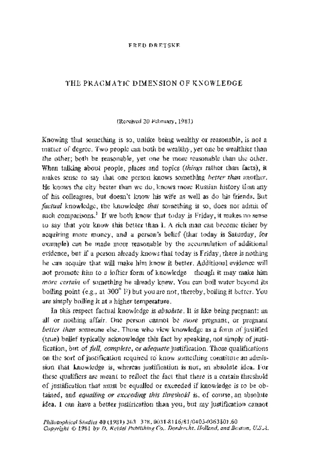 Cohen 1986 - Knowledge and Context: A Philosophical Inquiry - Studocu