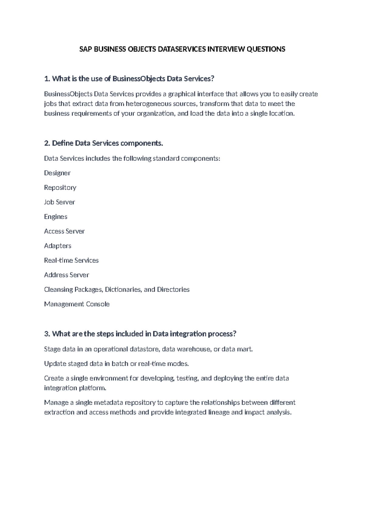 SAP BODS Interview Questions: Key Concepts and Techniques - Studocu