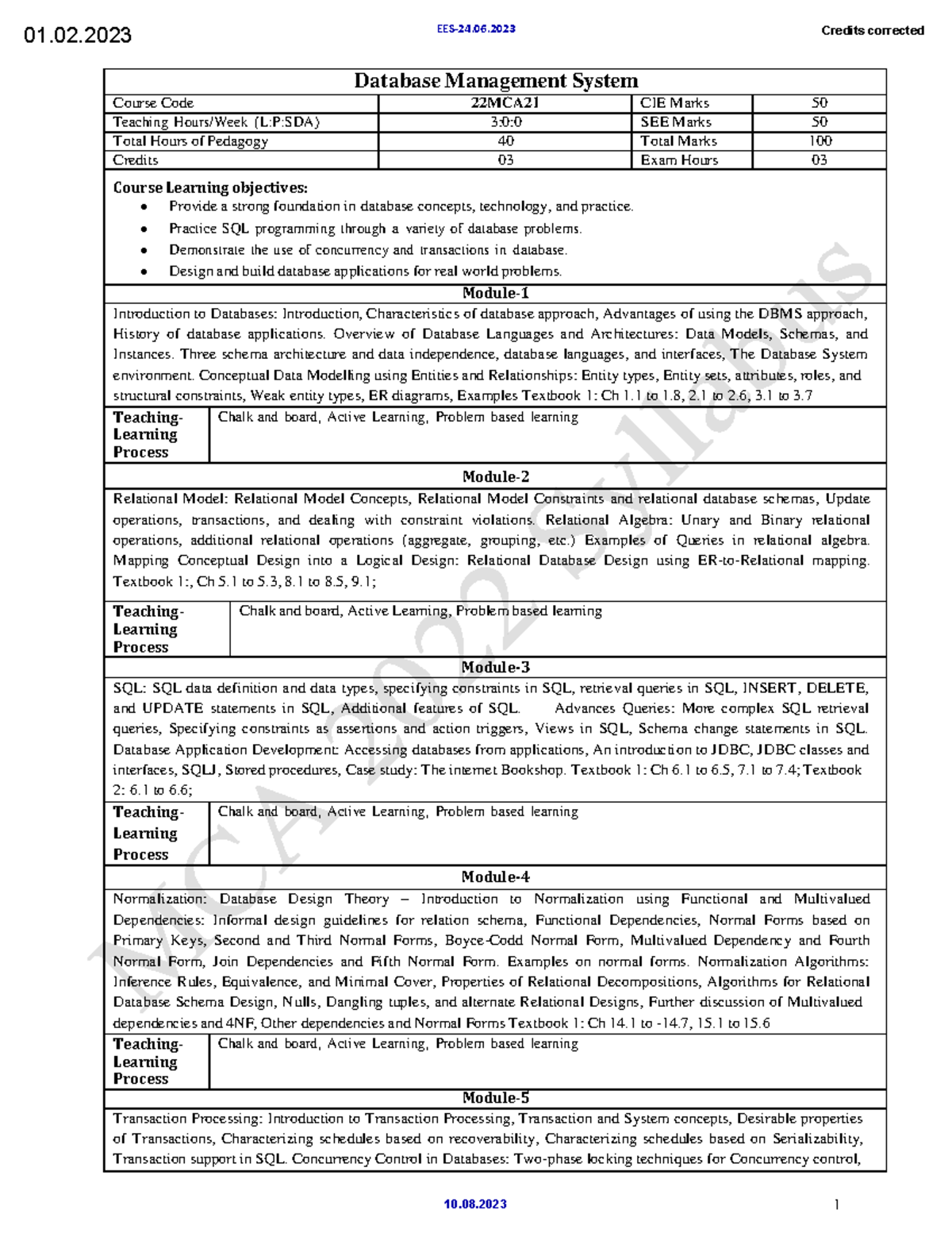 DBMS Syllabus & Course Objectives - 22MCA21 - Studocu