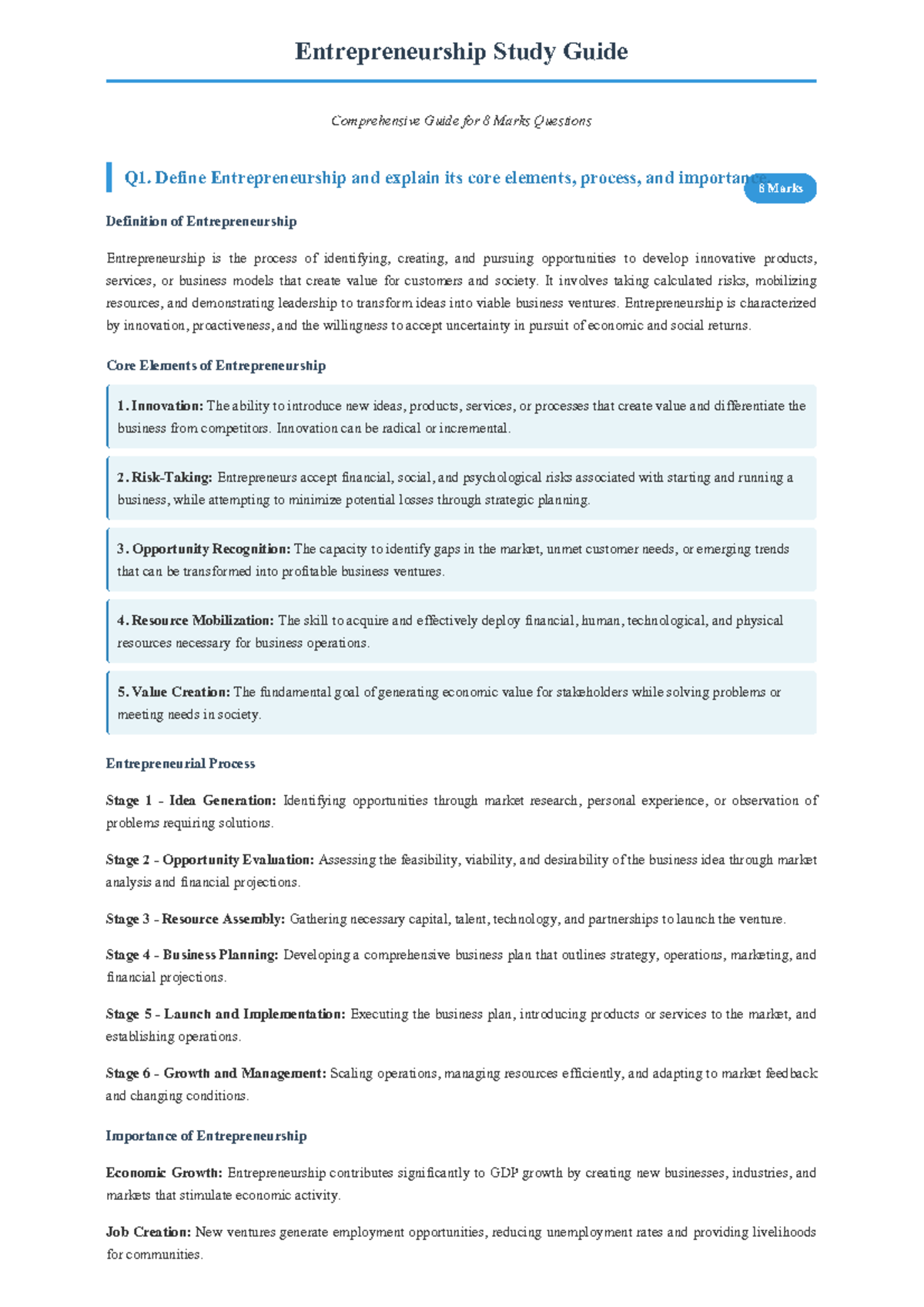 Entrepreneurship Study Guide: Key Concepts & Trends for 8 Marks - Studocu