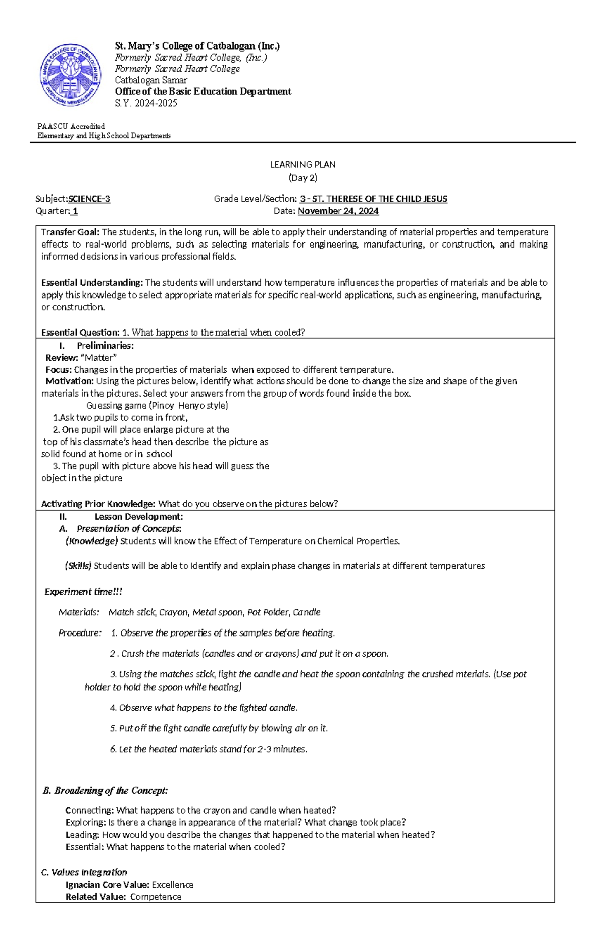 D21 - St. Mary's College Science-3 Lesson Plan for Temperature Effects ...