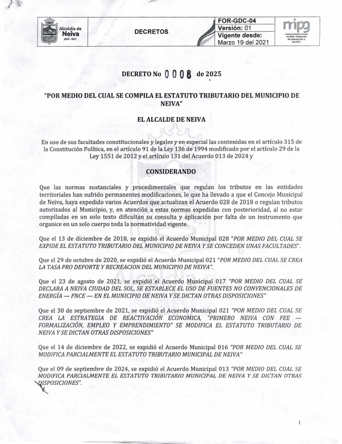 Decreto Municipal 0008 de 2025: Compilación del Estatuto Tributario de Neiva - Document Preview
