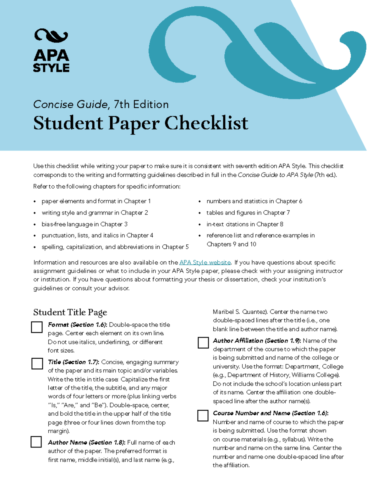 Concise Guide & Formatting Checklist for APA Style (7th Ed.) - Studeersnel