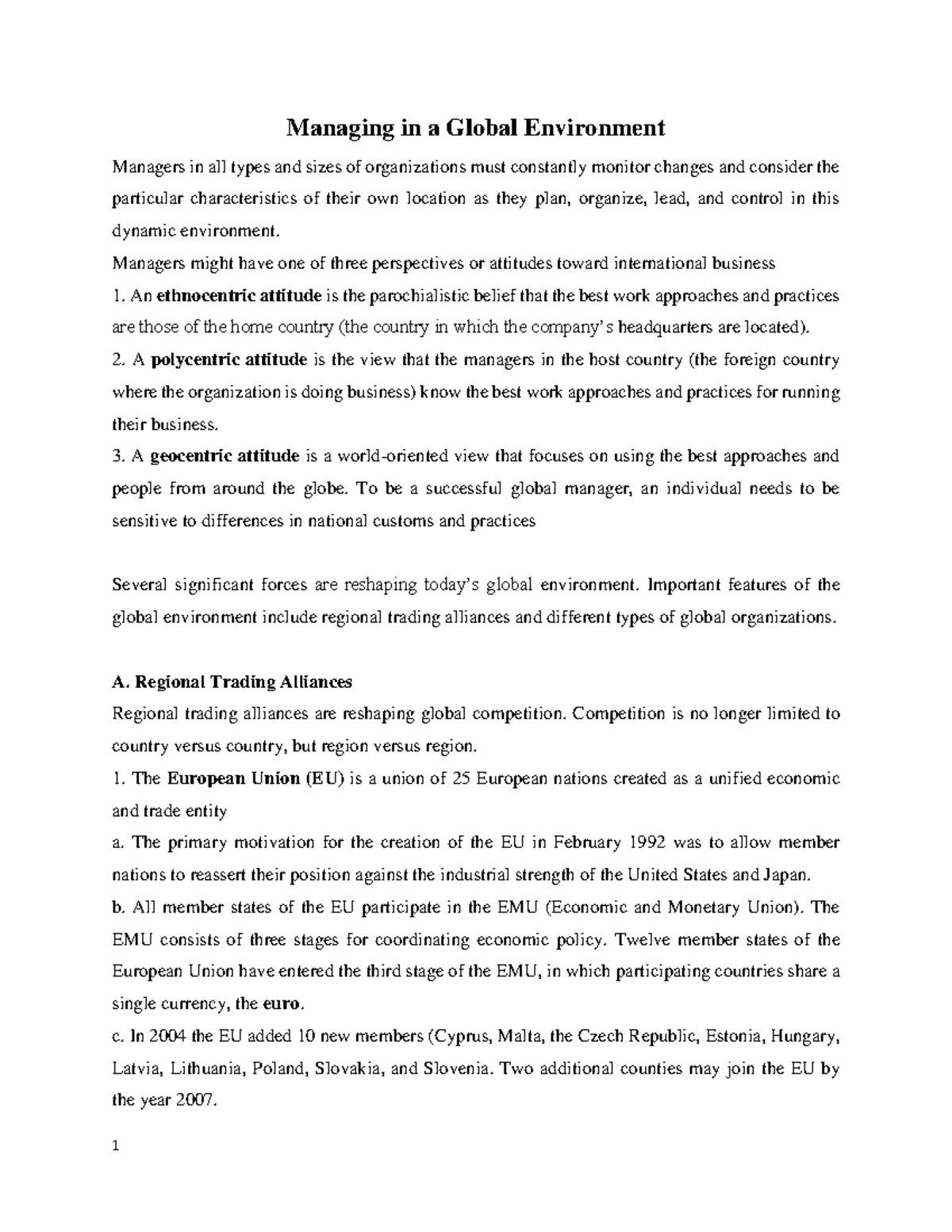 Managing in a Global Environment: Key Concepts and Challenges - Studocu