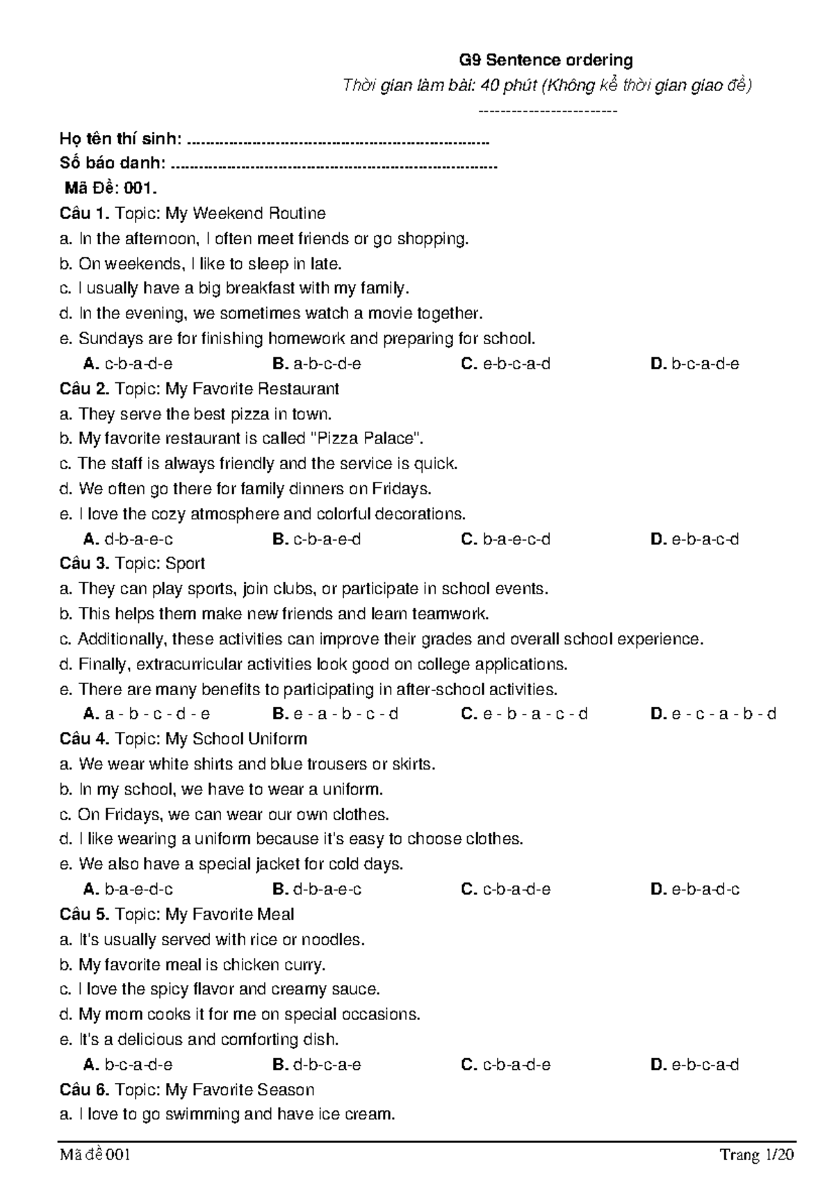 G9 sentence ordering practice exercises for students - Studocu