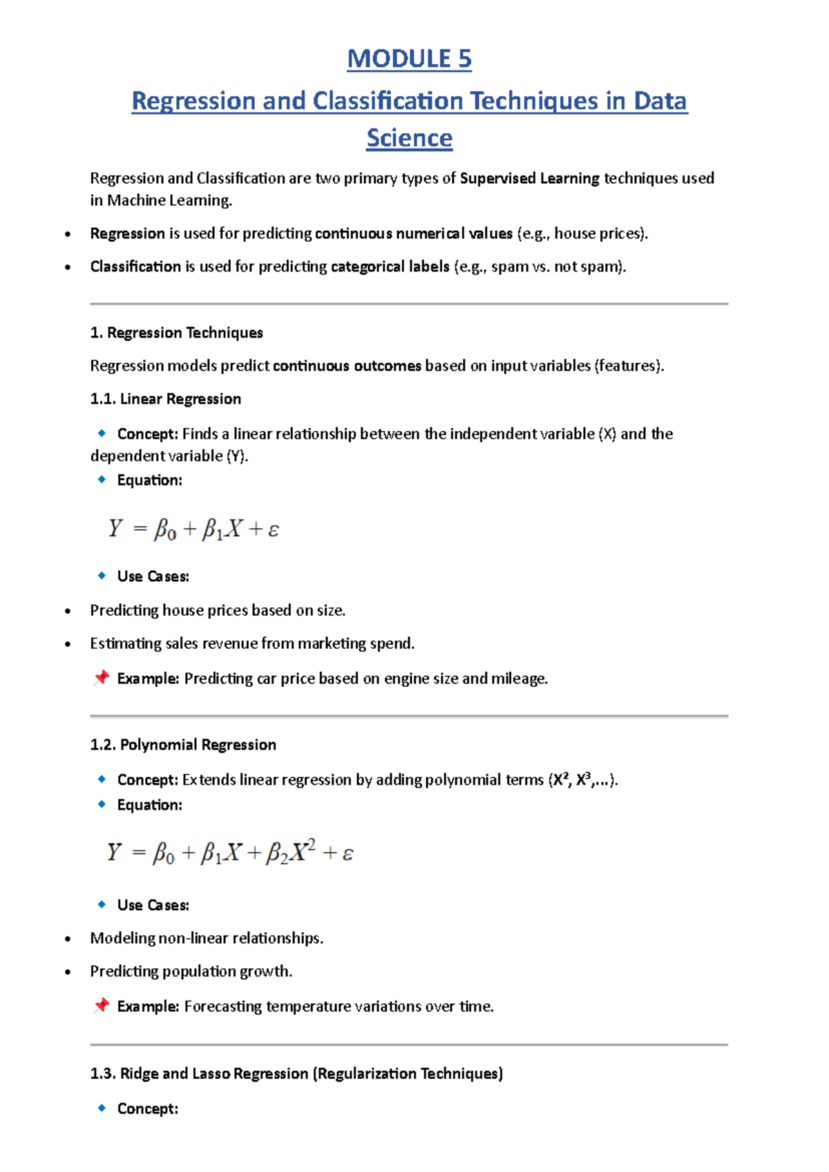 Module 5: Regression & Classification Techniques in Data Science - Studocu