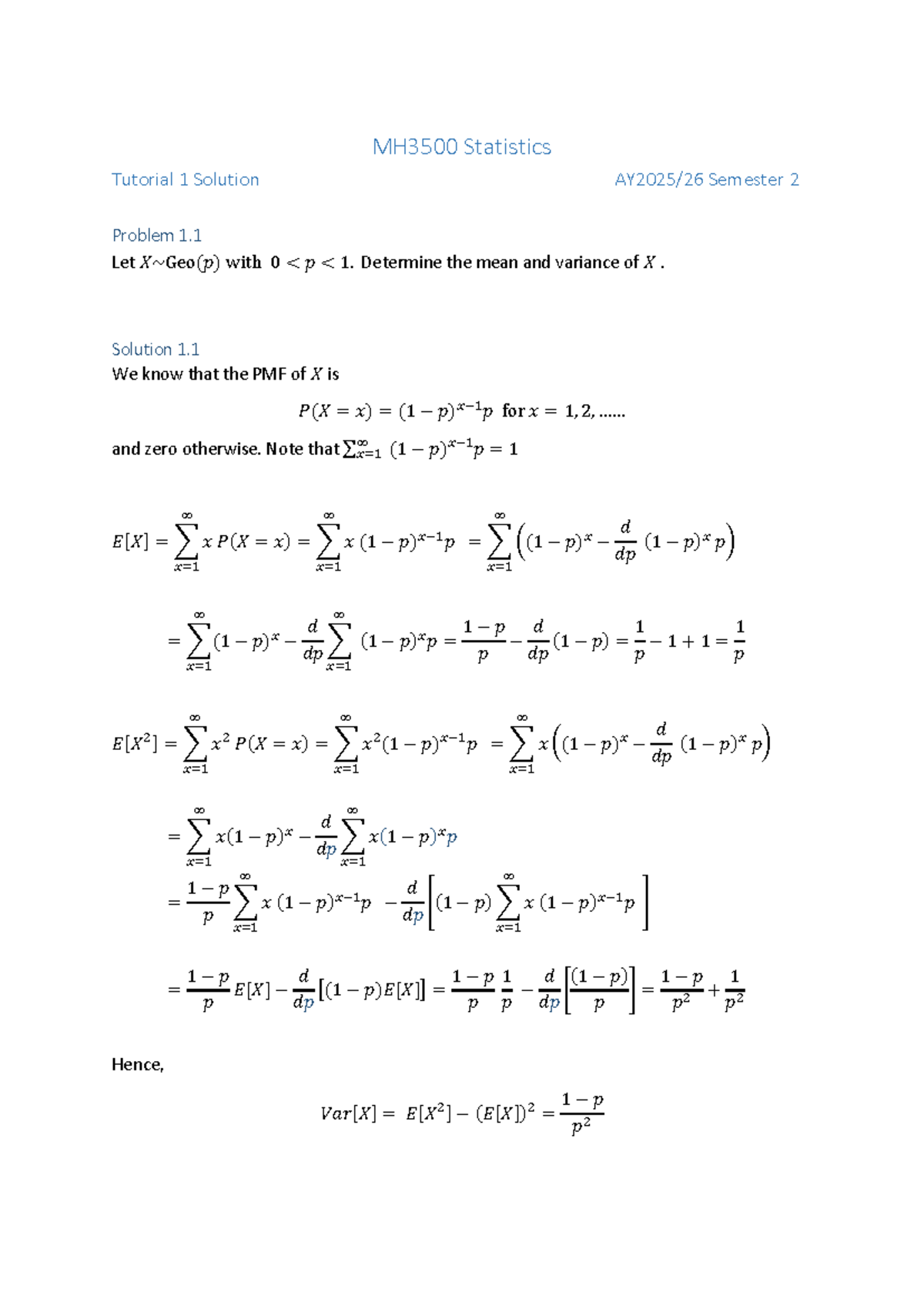 MH3500 Statistics Tutorial 01 Solutions for Semester 2 Problems - Studocu